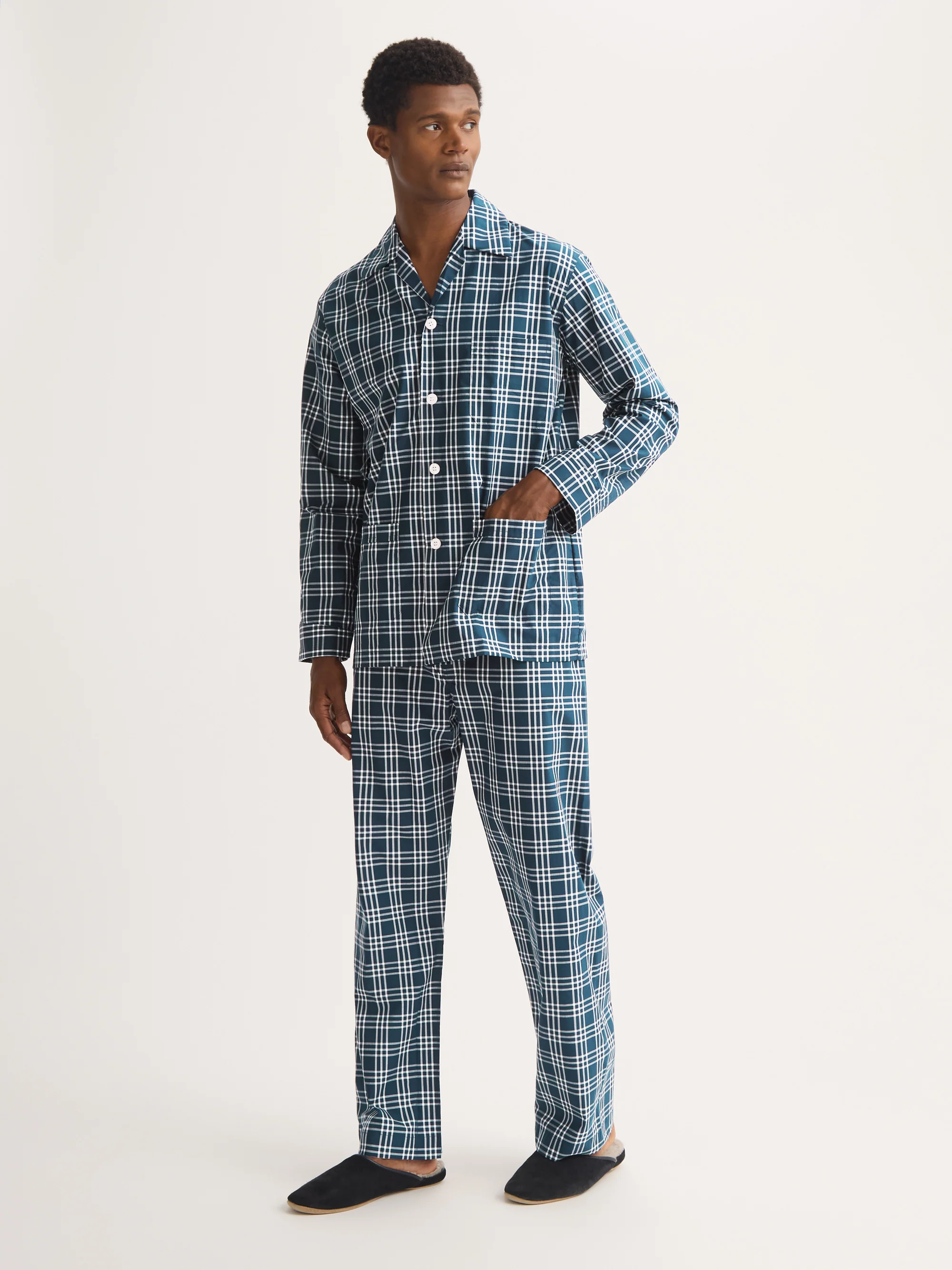 Men's Classic Fit Pyjamas Barker Cotton French Blue & White Check - Image 2