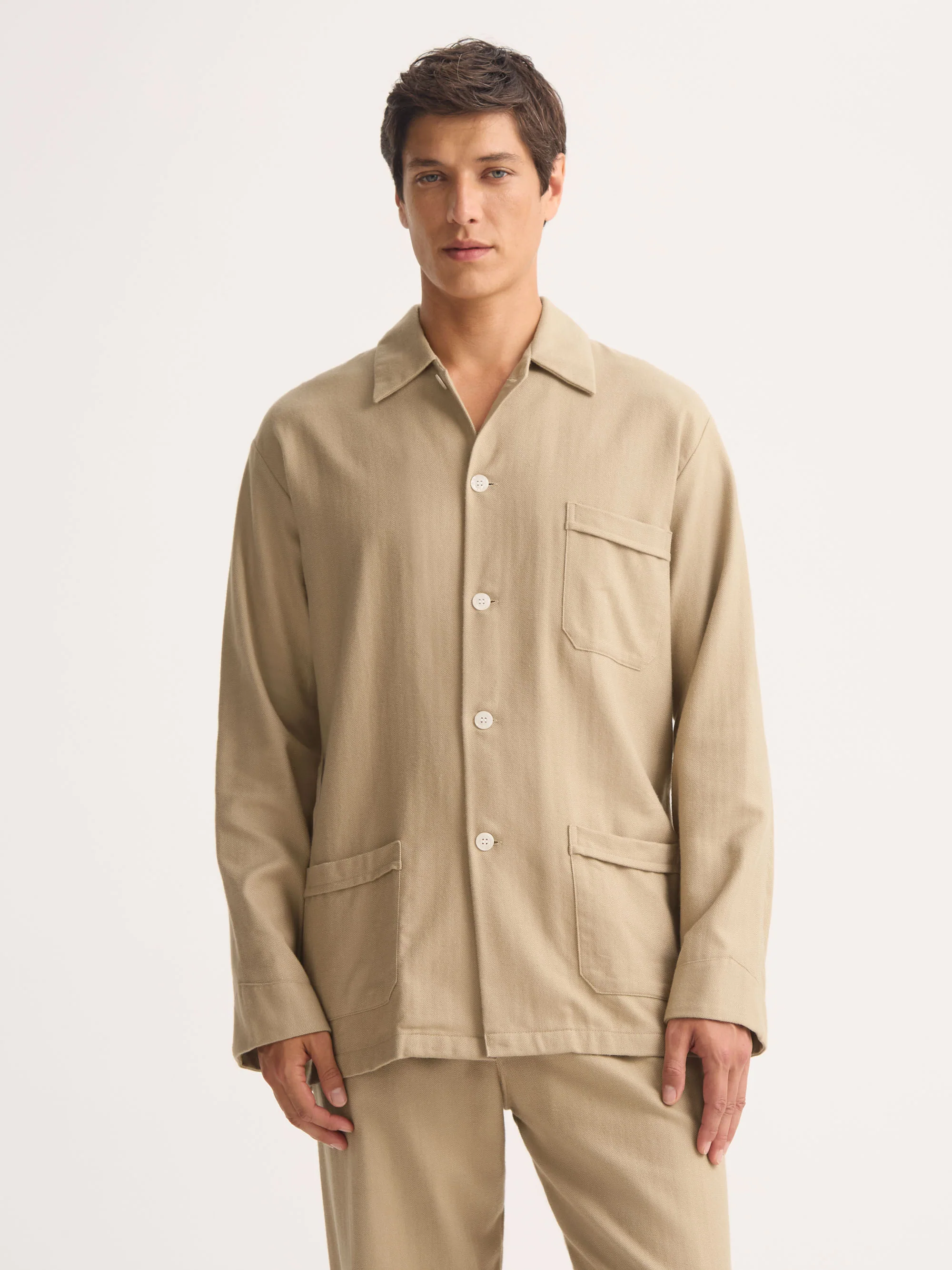 Men's Classic Fit Pyjamas Kelburn Brushed Cotton Light Stone Herringbone - Image 4