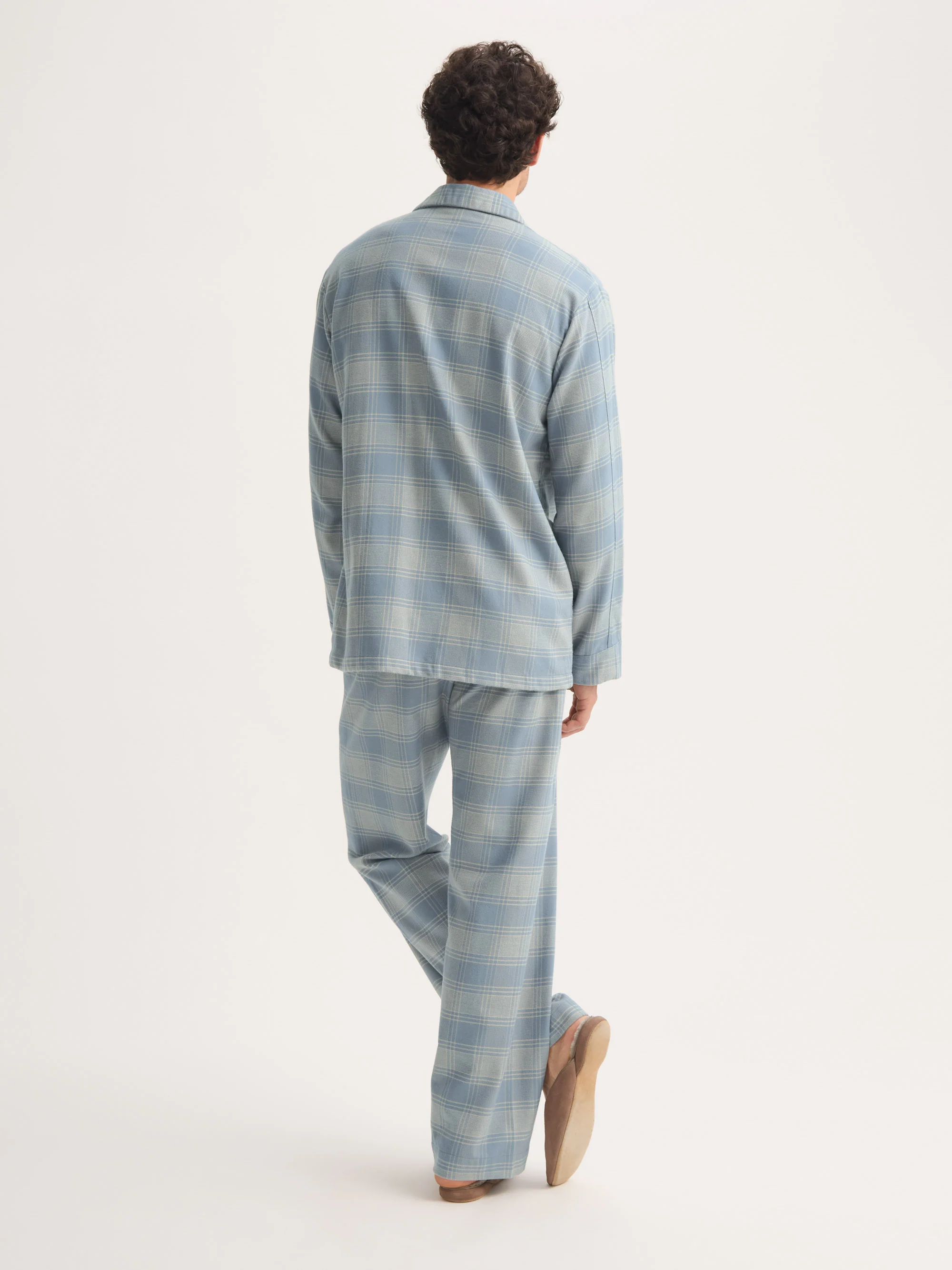 Men's Classic Fit Pyjamas Kelburn Brushed Cotton Storm Blue & Ecru Check - Image 3