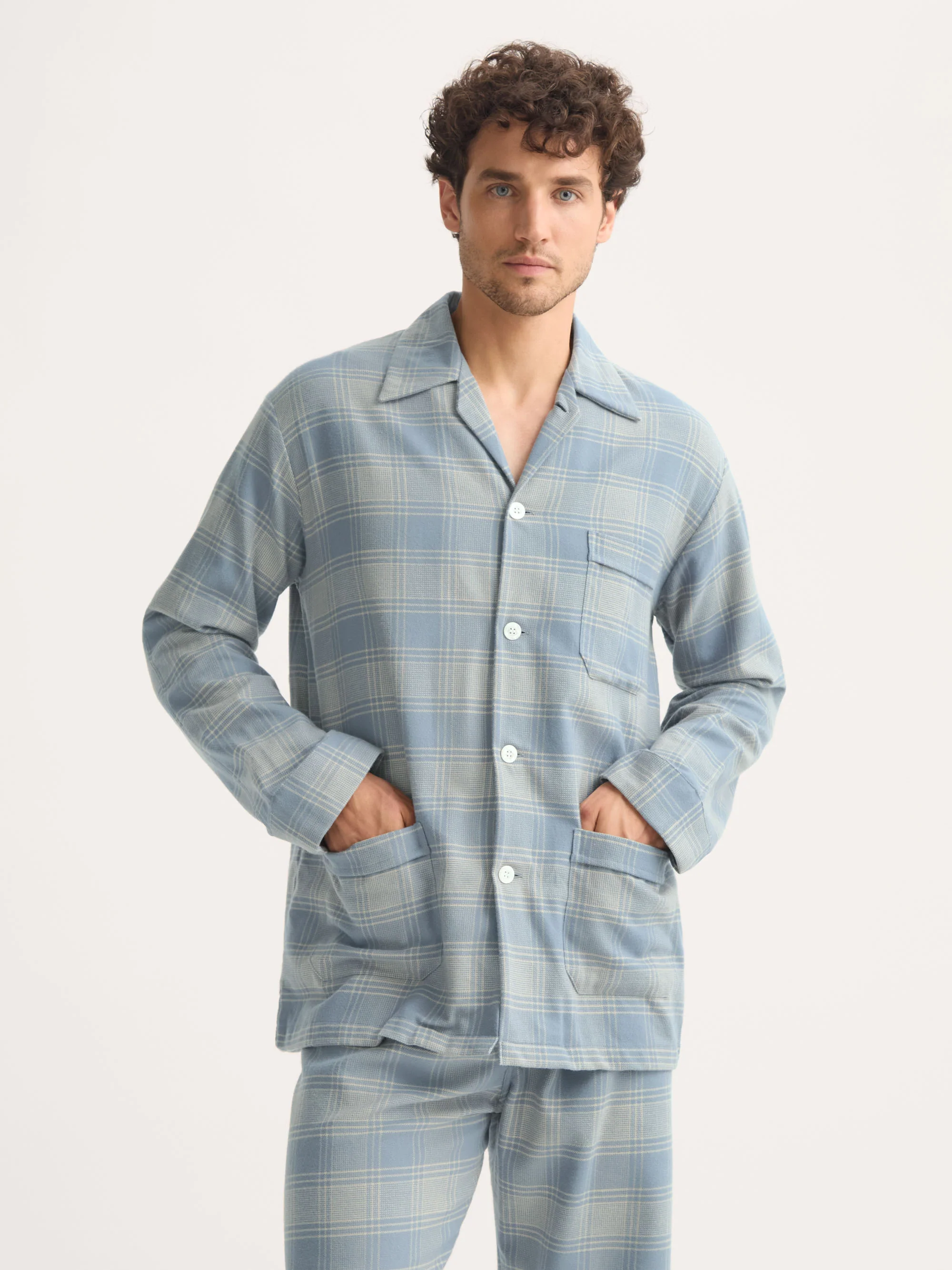 Men's Classic Fit Pyjamas Kelburn Brushed Cotton Storm Blue & Ecru Check - Image 4