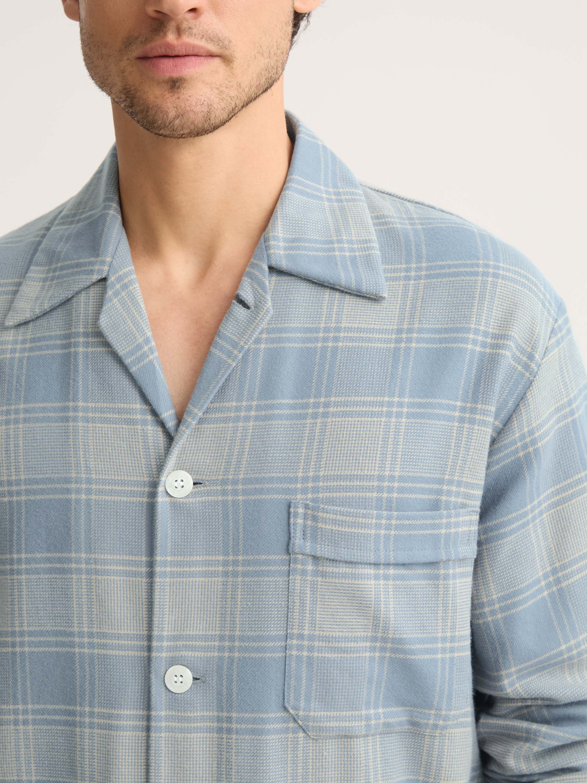 Men's Classic Fit Pyjamas Kelburn Brushed Cotton Storm Blue & Ecru Check - Image 5