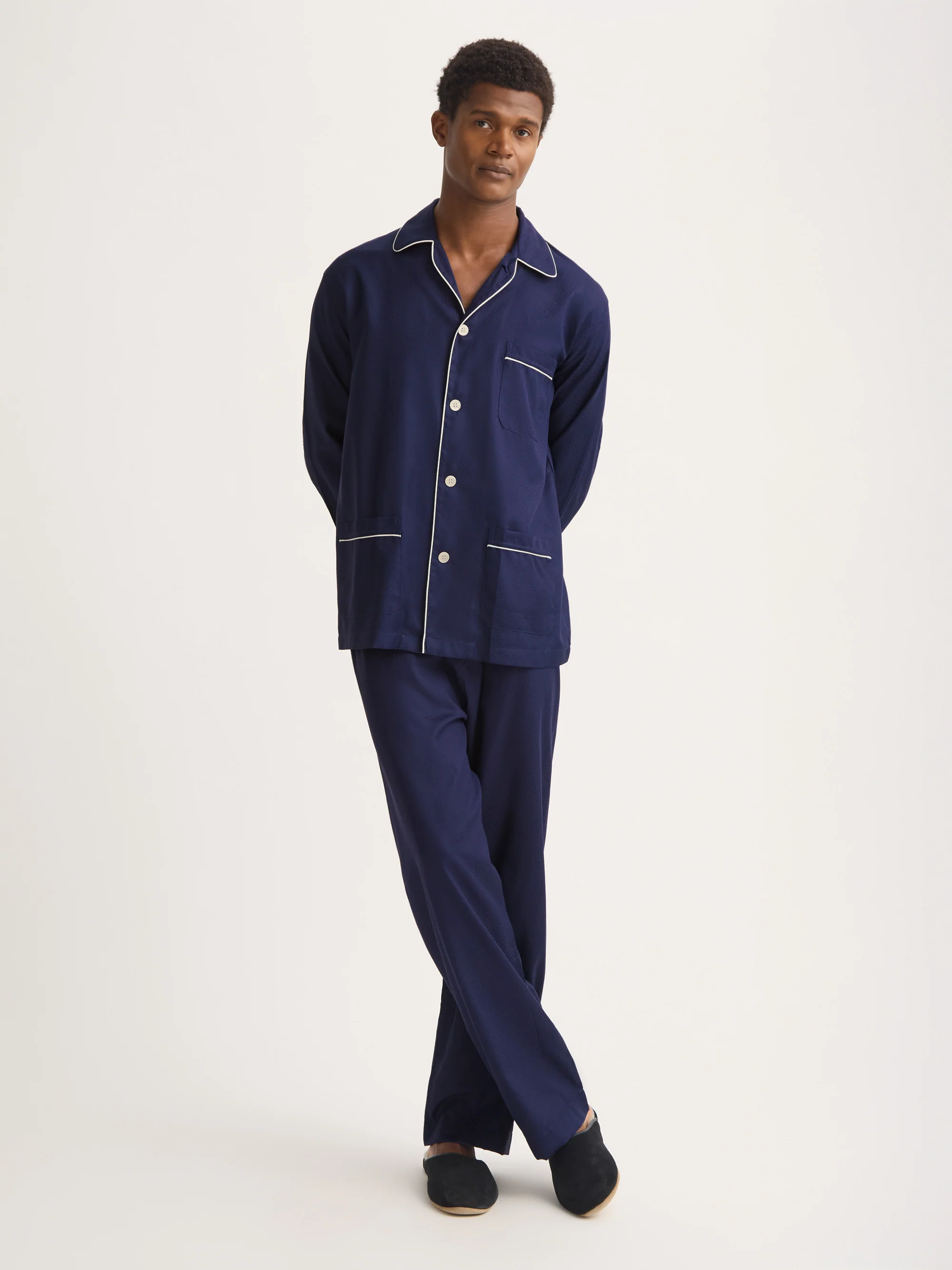Men's Classic Fit Pyjamas Cotton Jacquard Navy Rose Star Pattern - Image 2