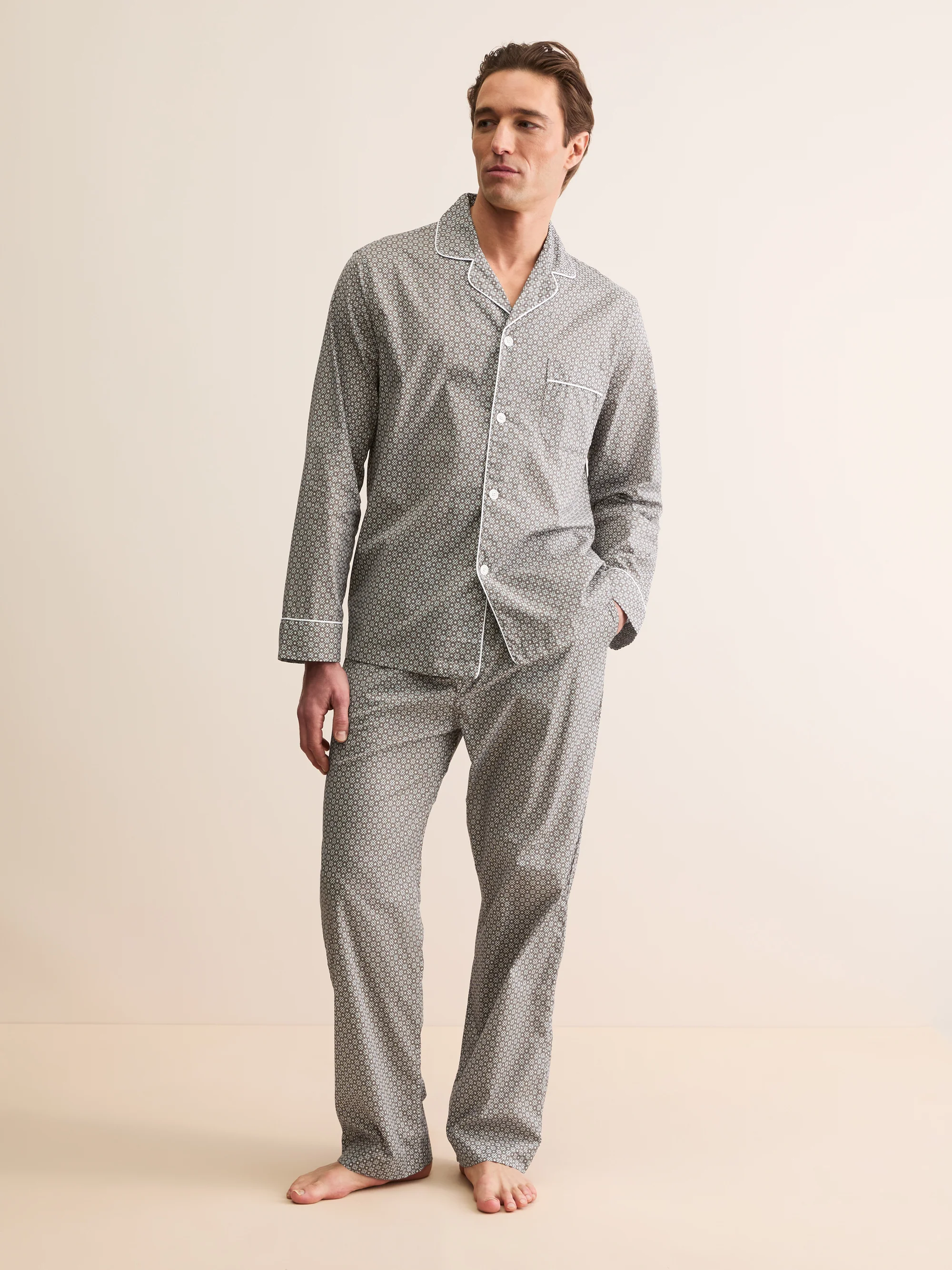 Men's Classic Fit Pyjamas London Geo Cross Cotton Batiste Taupe - Image 5