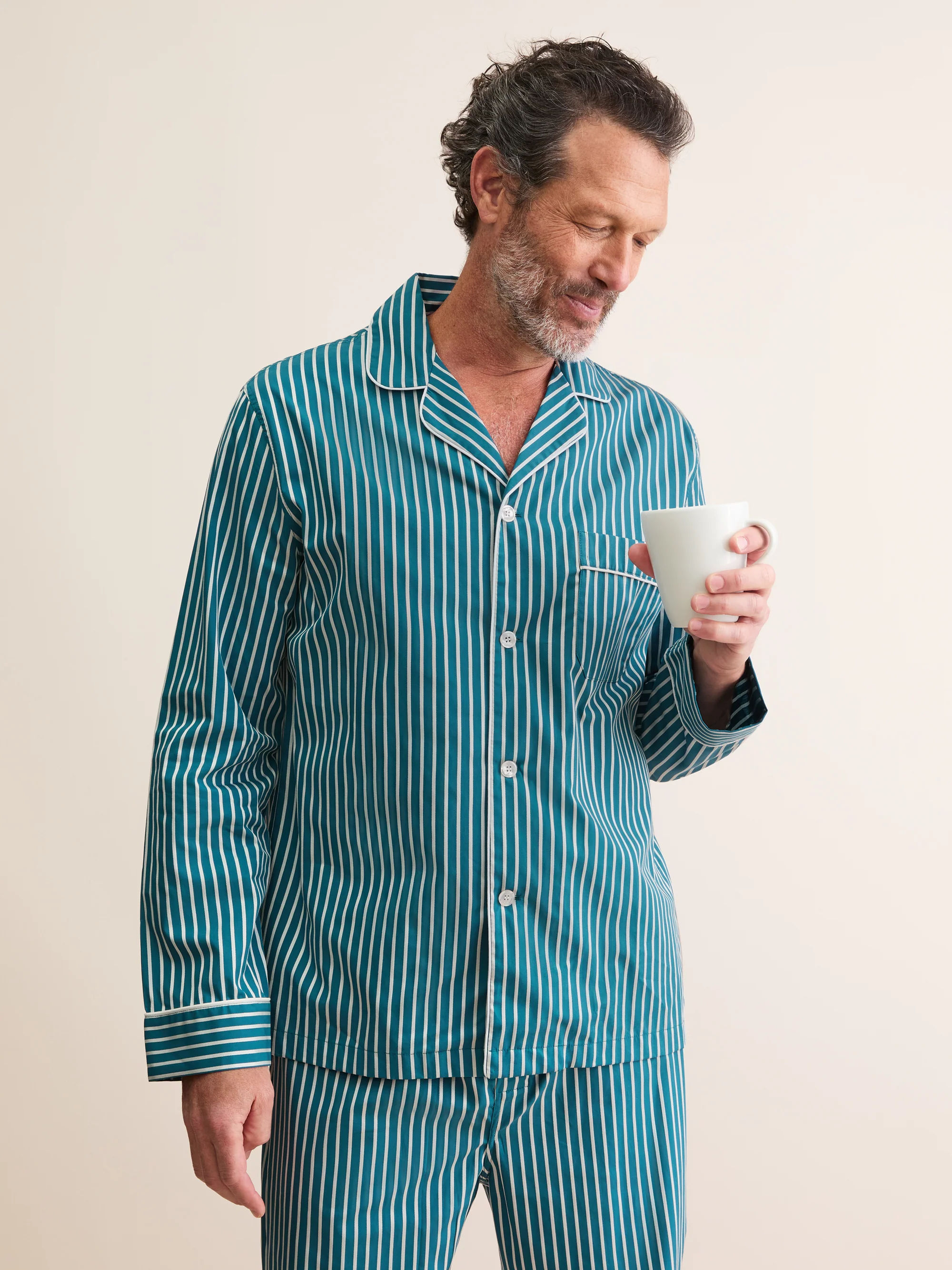 Men's Classic Fit Pyjamas Royal Cotton Teal & White Stripe - Image 4