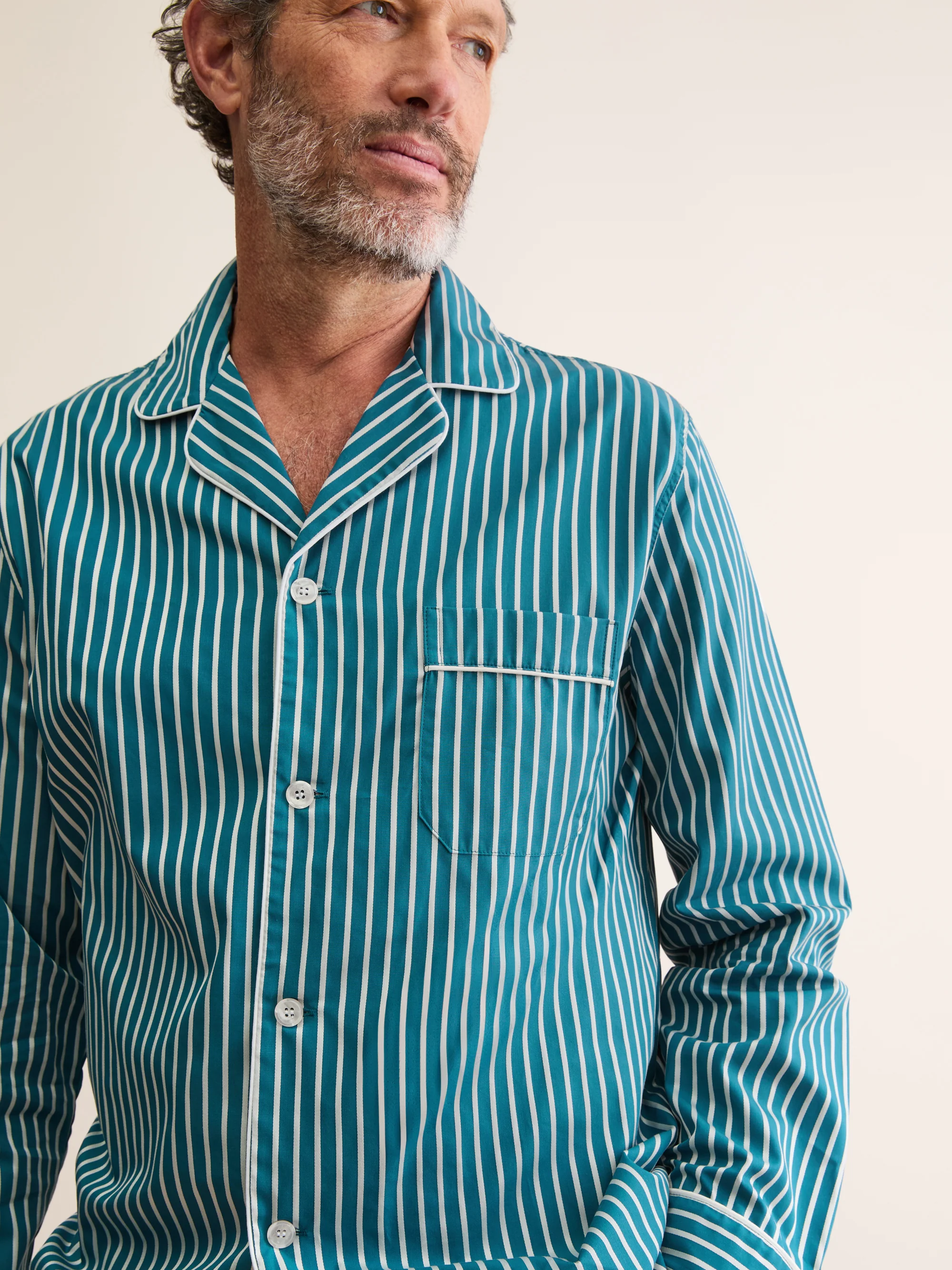 Men's Classic Fit Pyjamas Royal Cotton Teal & White Stripe - Image 7