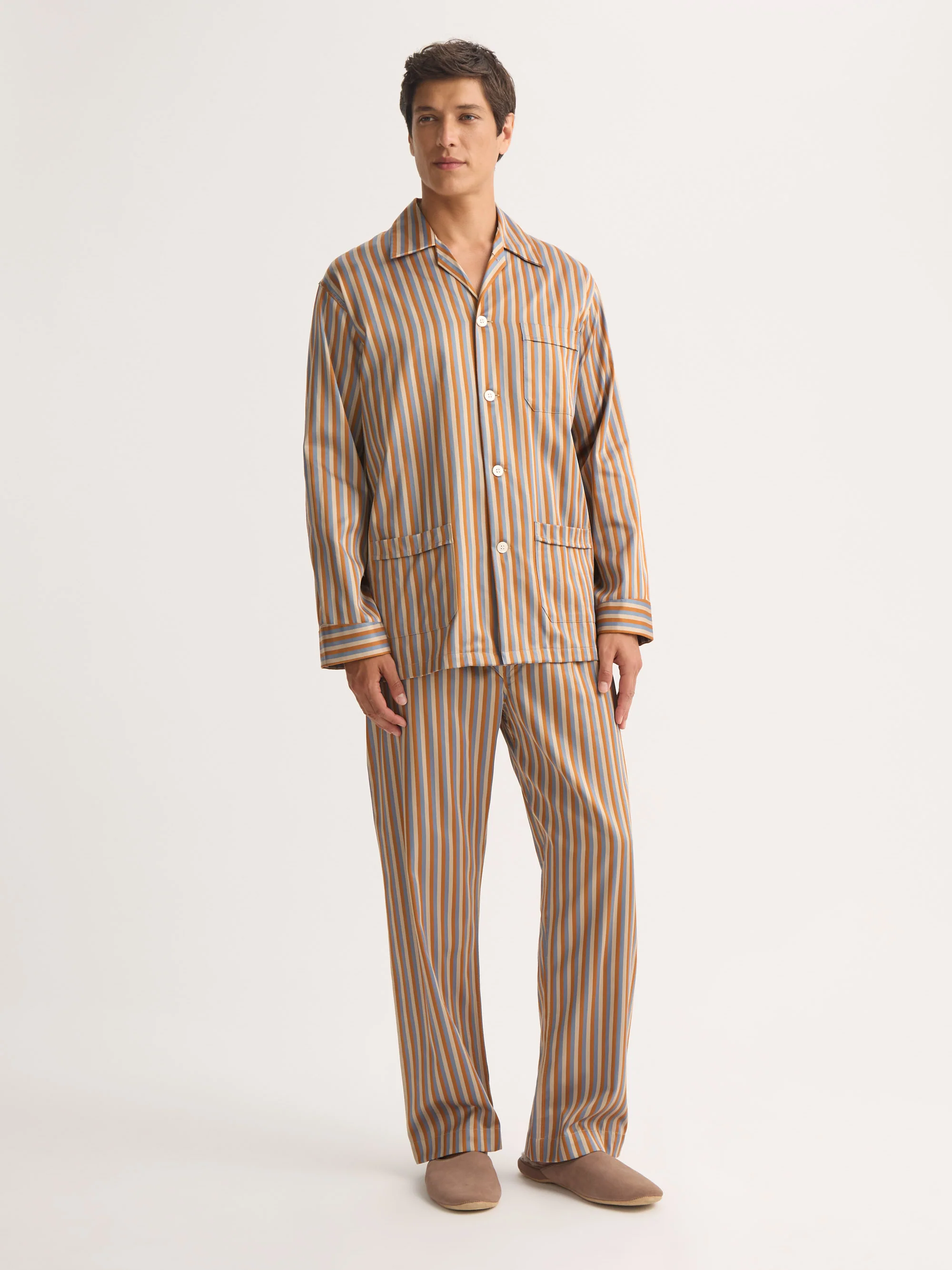 Men's Classic Fit Pyjamas Wellington Cotton Brown and Blue Multicolour Stripe - Image 3