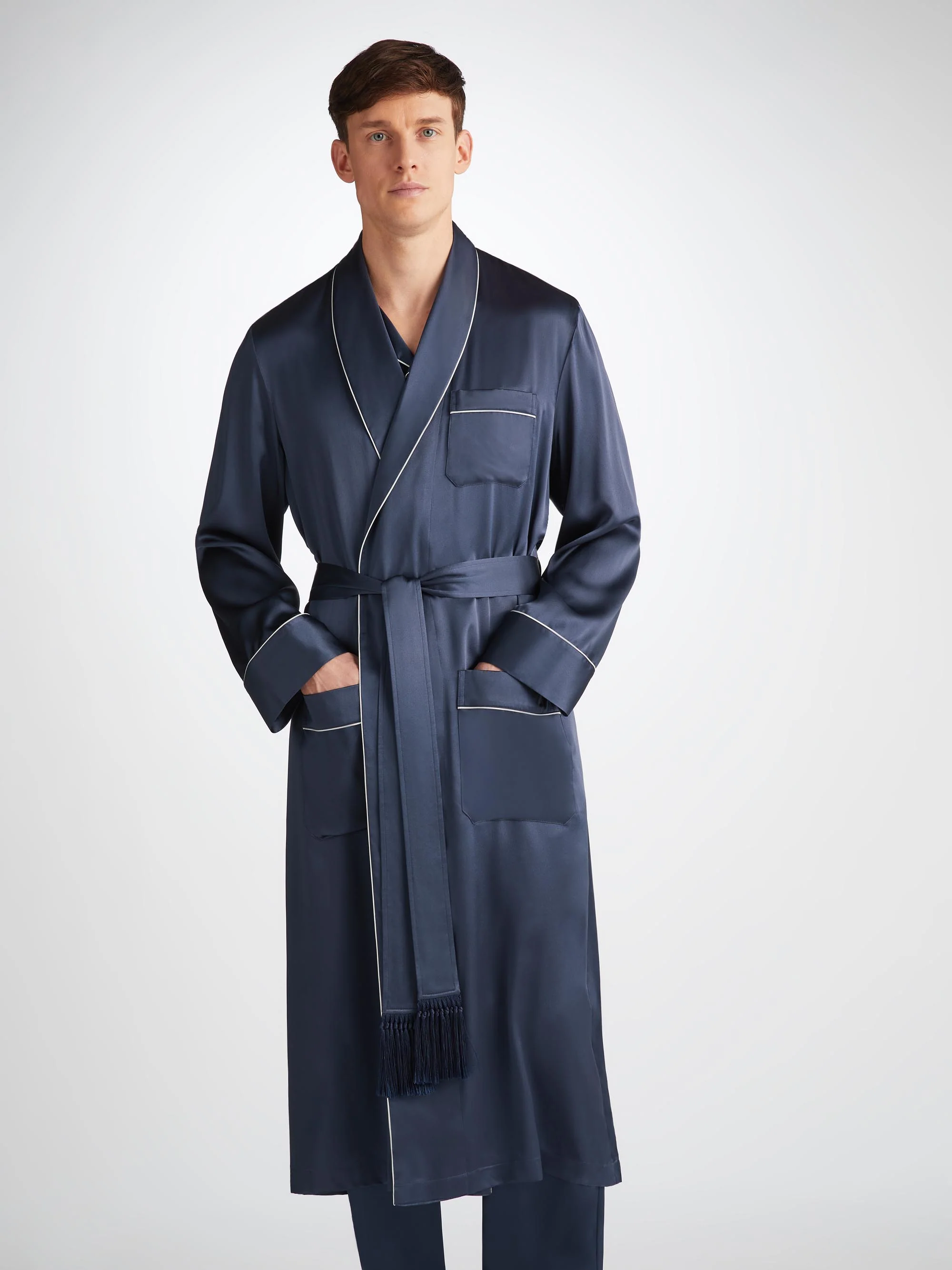 Men's Dressing Gown Bailey Silk Satin Navy - Image 3