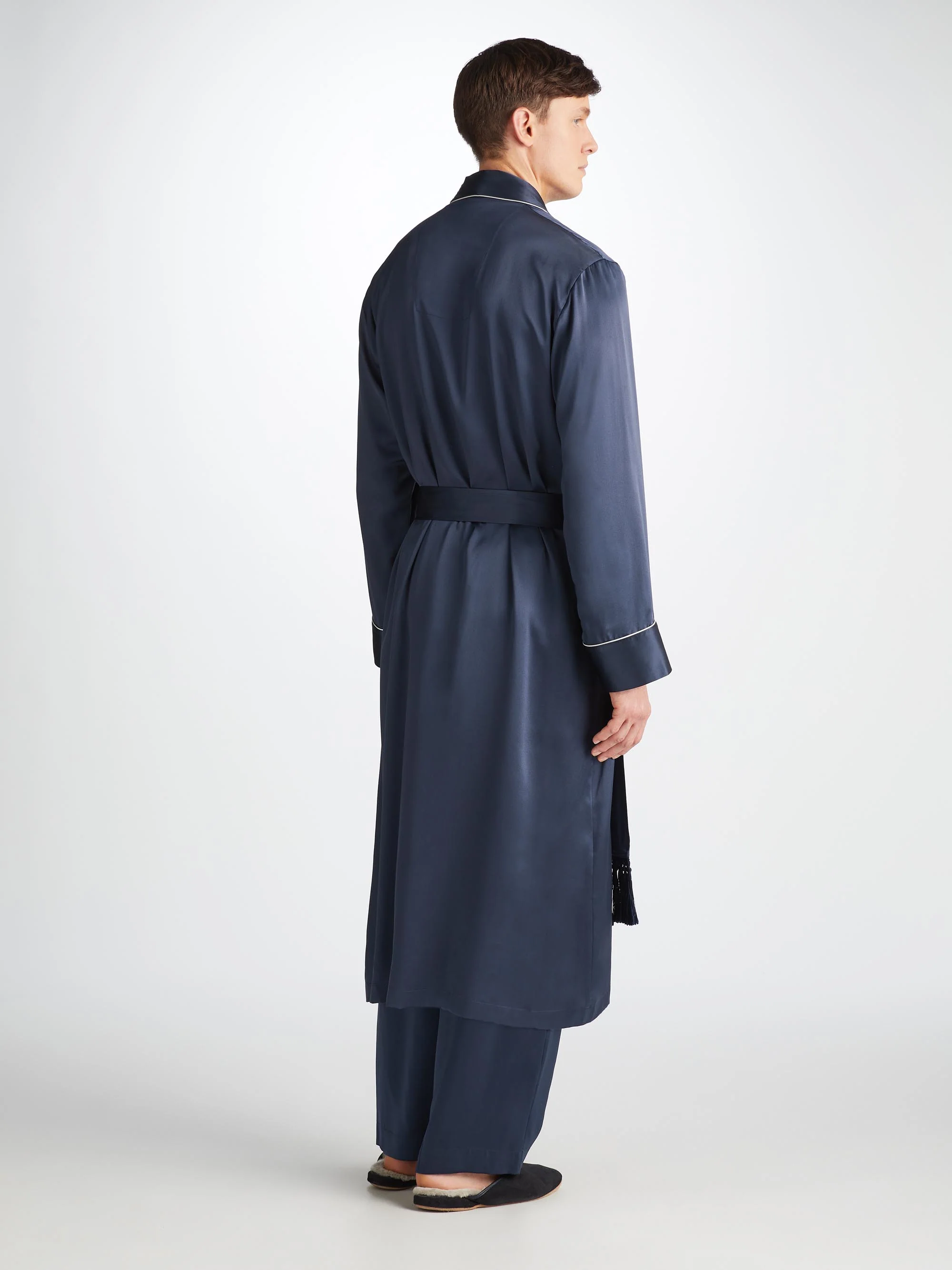 Men's Dressing Gown Bailey Silk Satin Navy - Image 4