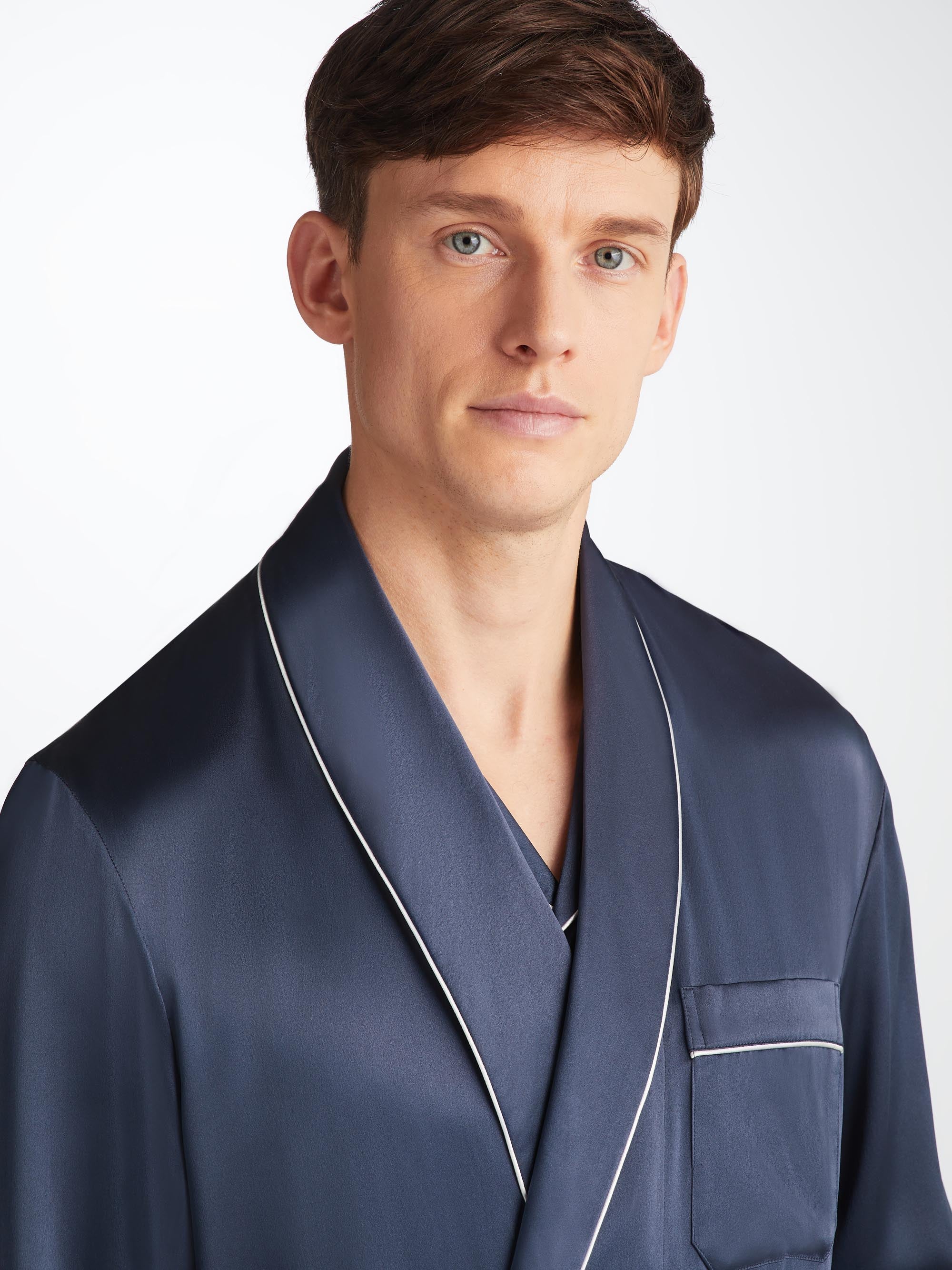 Men's Dressing Gown Bailey Silk Satin Navy - Image 6