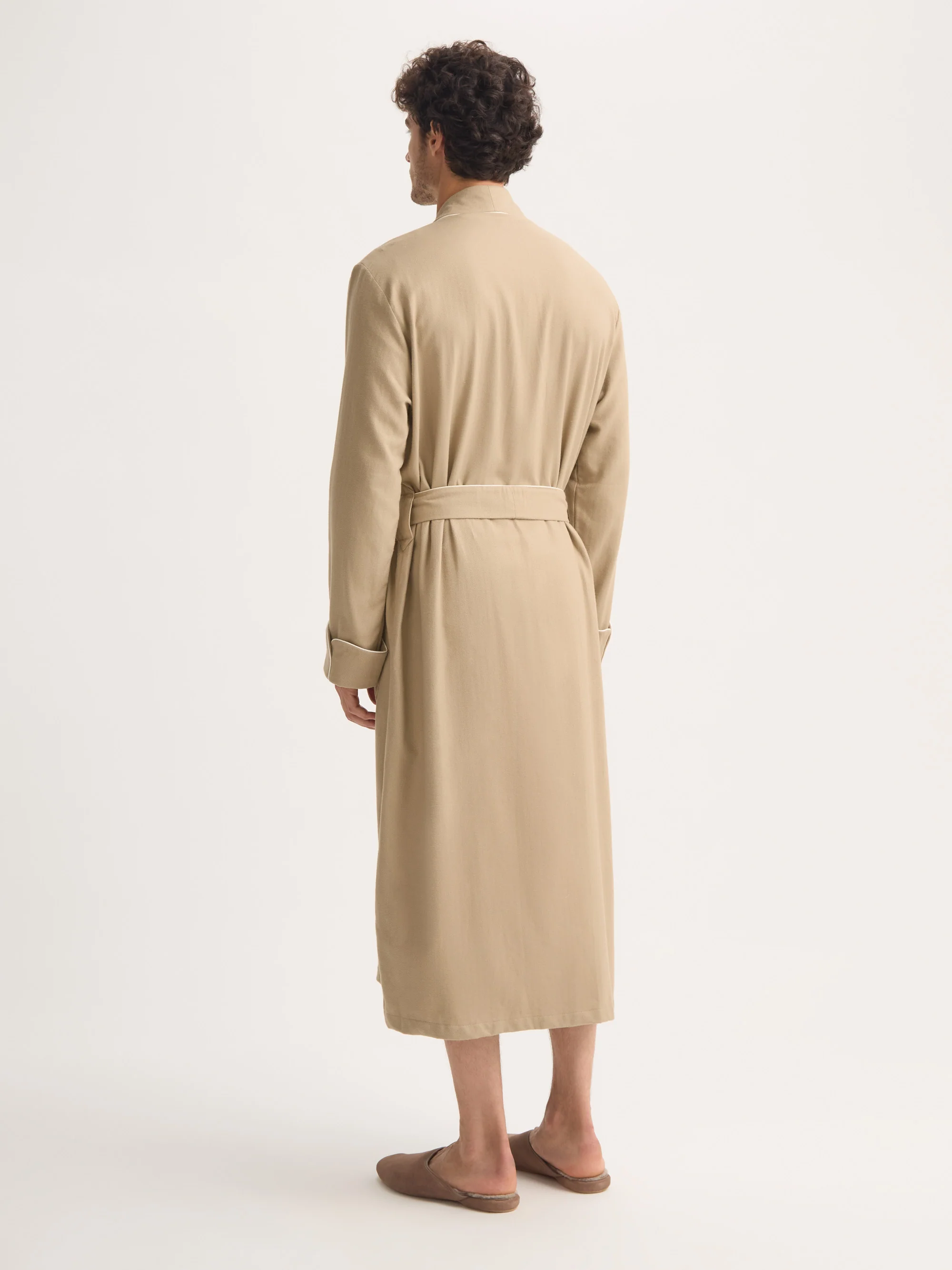 Men's Dressing Gown Kelburn Brushed Cotton Light Stone Herringbone - Image 3