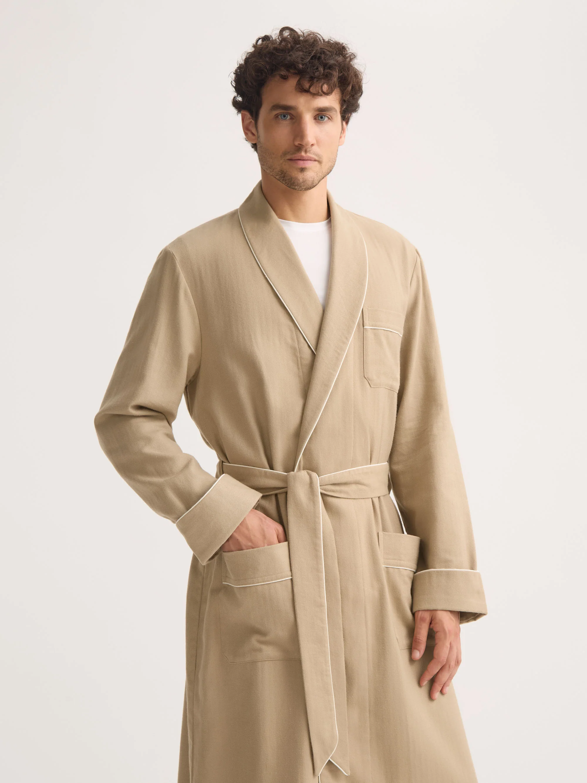 Men's Dressing Gown Kelburn Brushed Cotton Light Stone Herringbone - Image 4