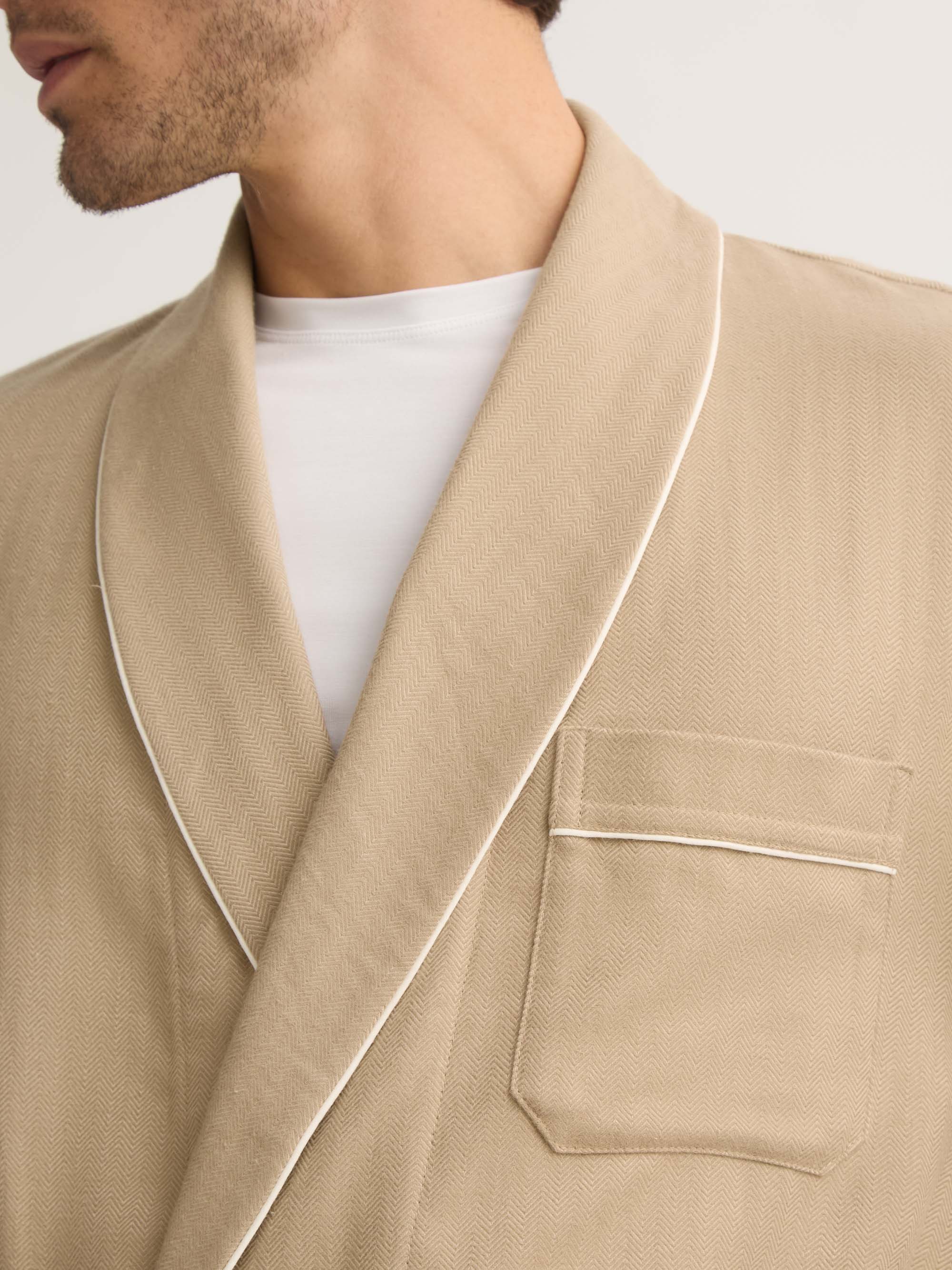 Men's Dressing Gown Kelburn Brushed Cotton Light Stone Herringbone - Image 5