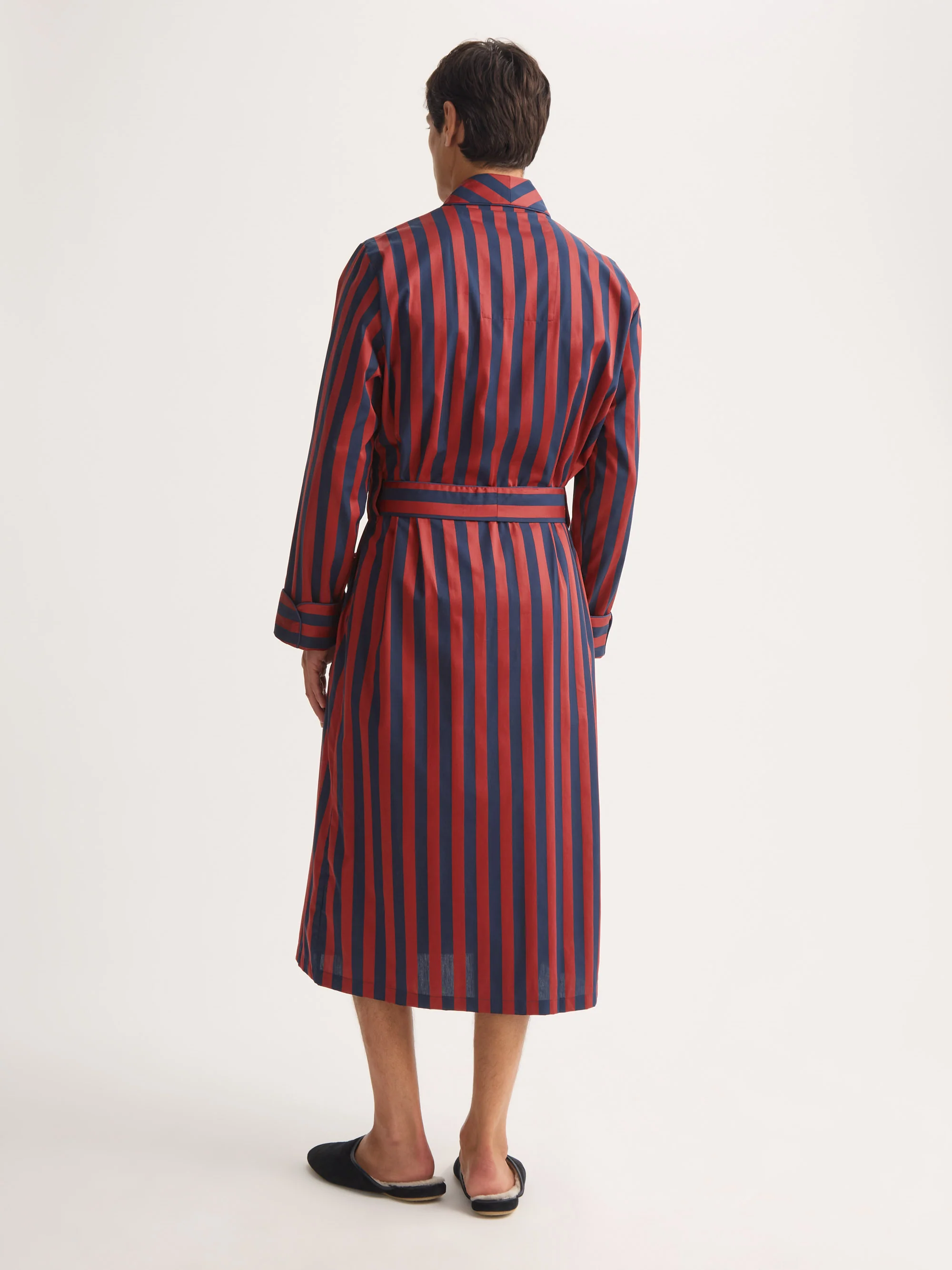 Men's Dressing Gown Royal Cotton Navy Blue & Red Stripe - Image 3