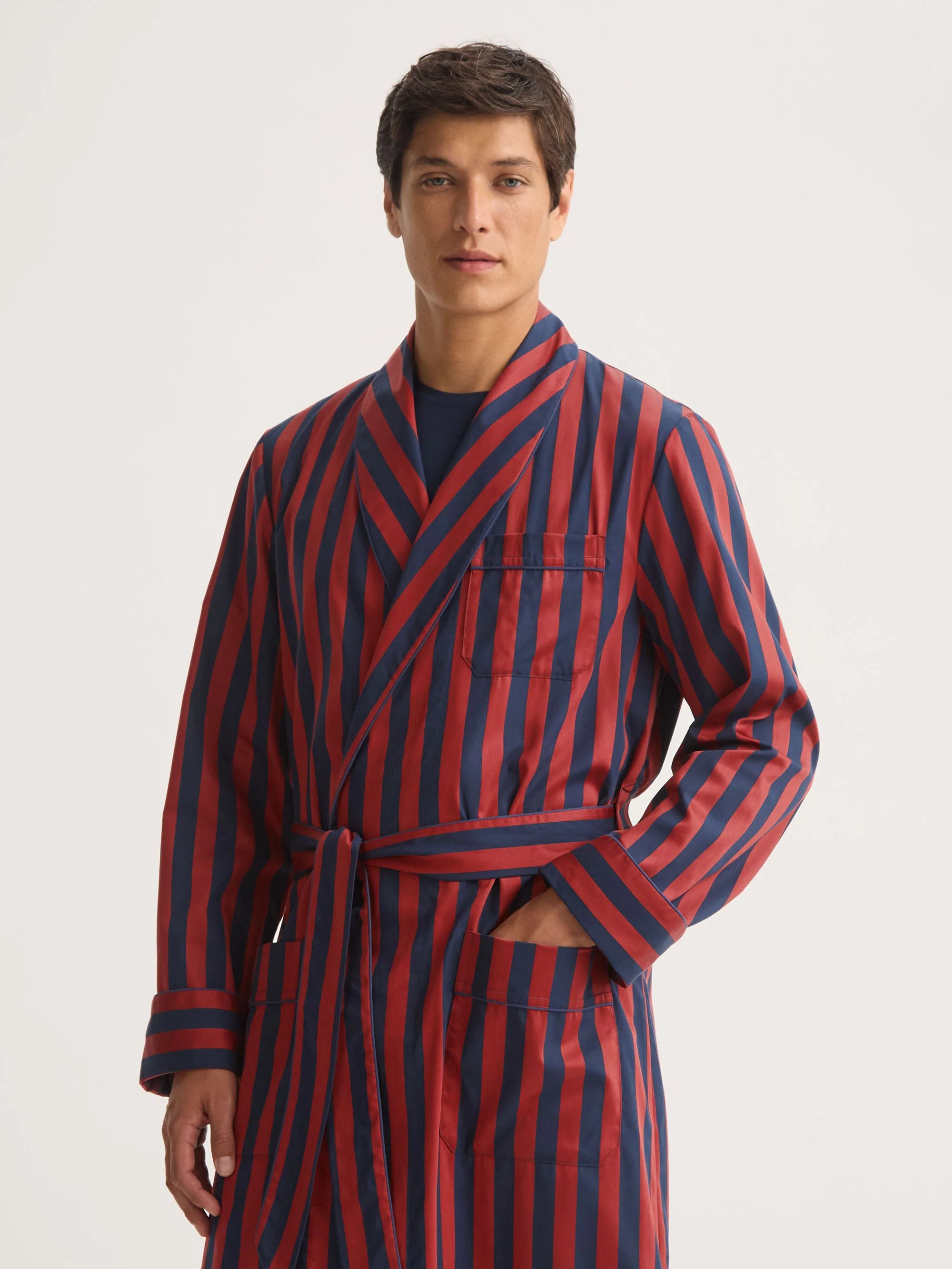 Men's Dressing Gown Royal Cotton Navy Blue & Red Stripe - Image 4