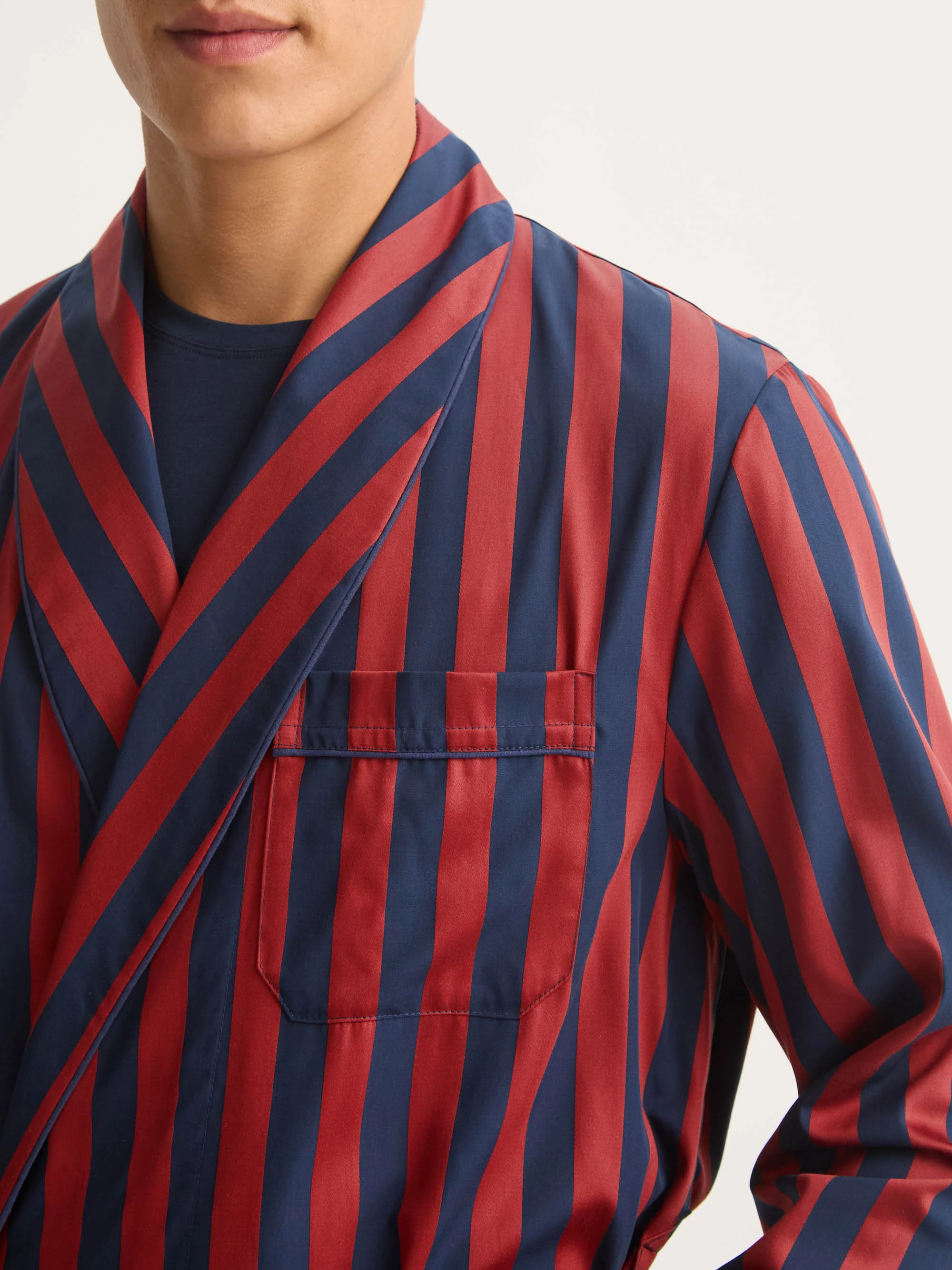 Men's Dressing Gown Royal Cotton Navy Blue & Red Stripe - Image 5