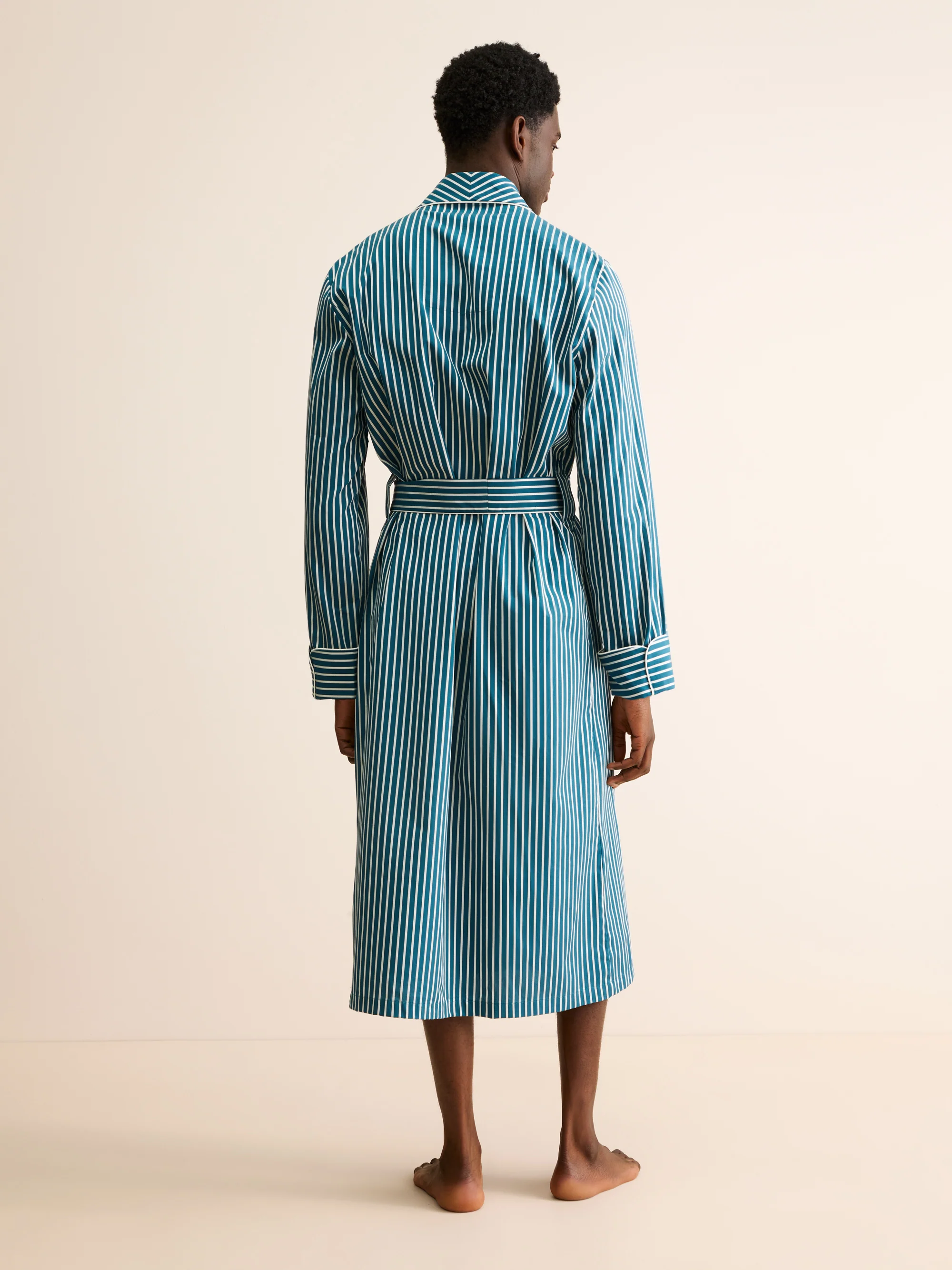 Men's Dressing Gown Royal Cotton Teal & White Stripe - Image 3