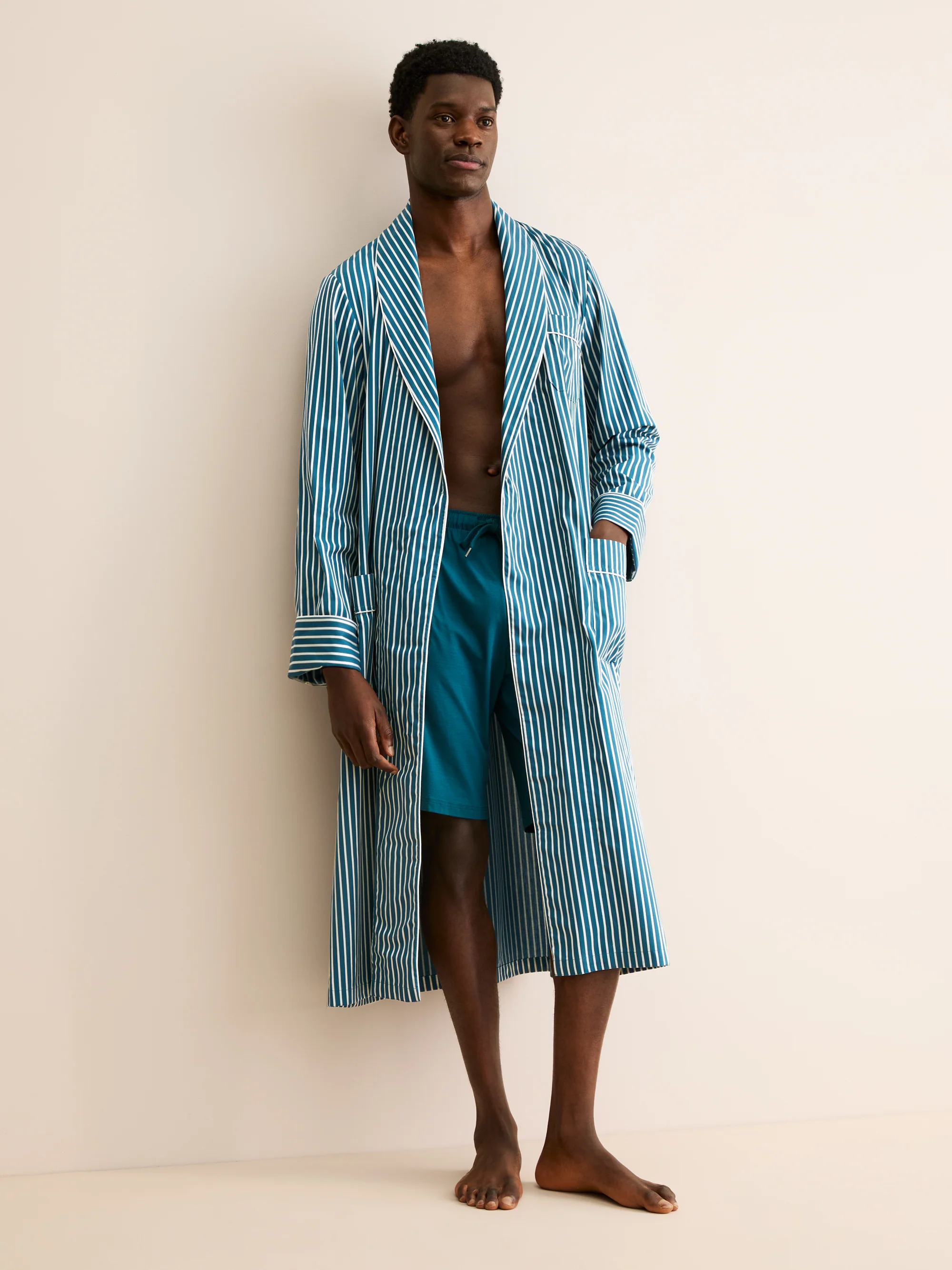 Men's Dressing Gown Royal Cotton Teal & White Stripe - Image 5