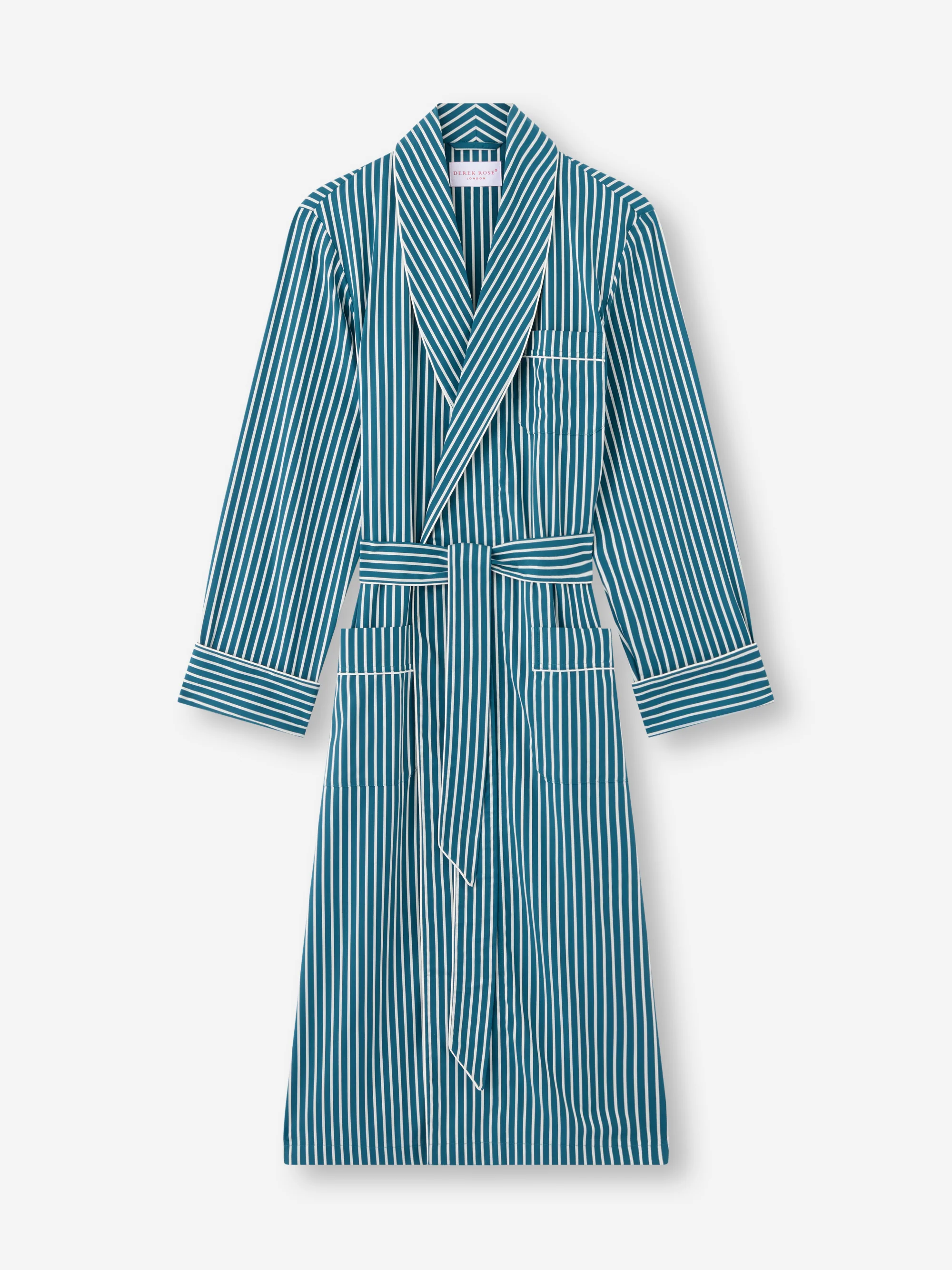 Men's Dressing Gown Royal Cotton Teal & White Stripe - Image 6