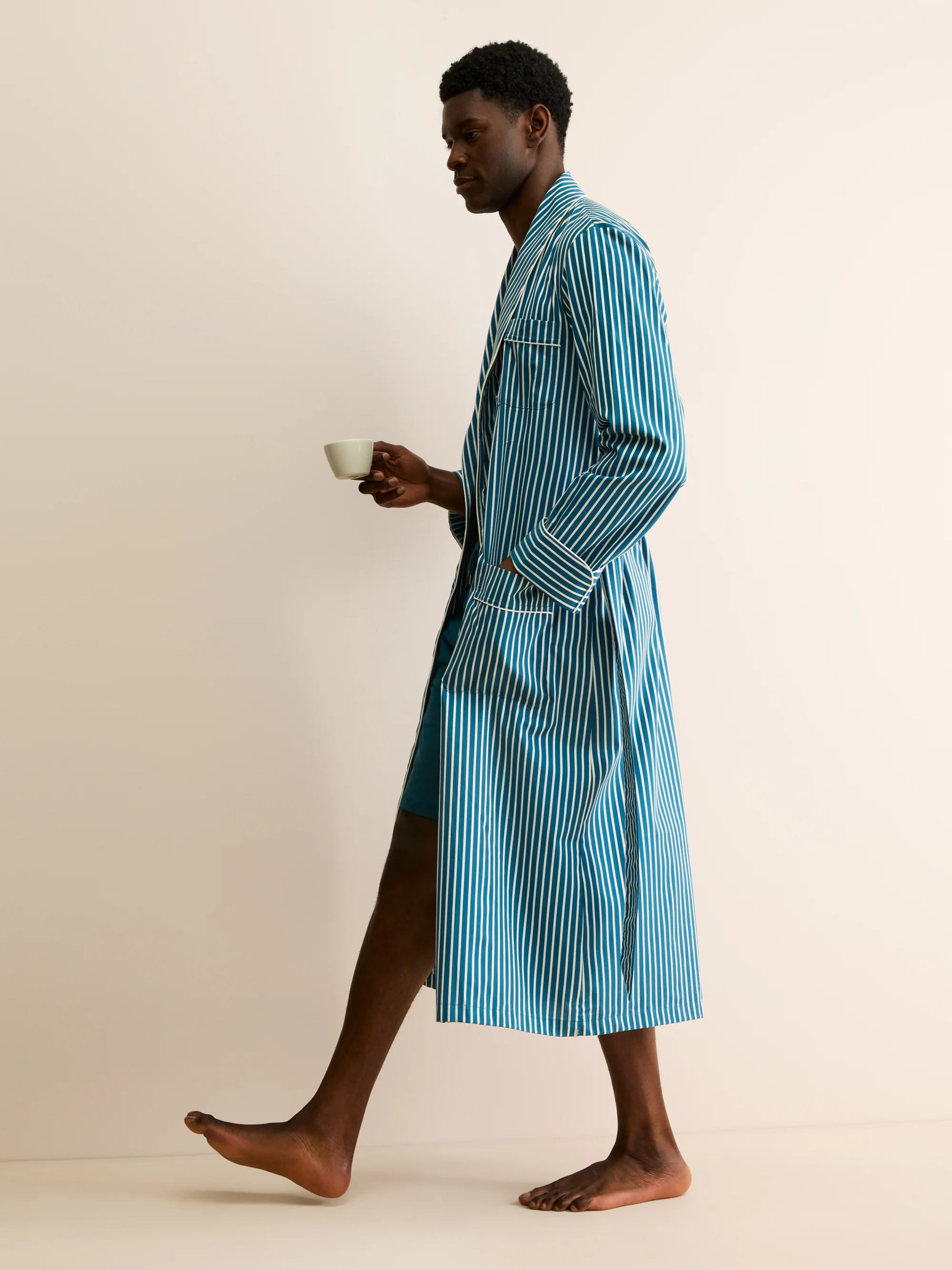 Men's Dressing Gown Royal Cotton Teal & White Stripe - Image 7