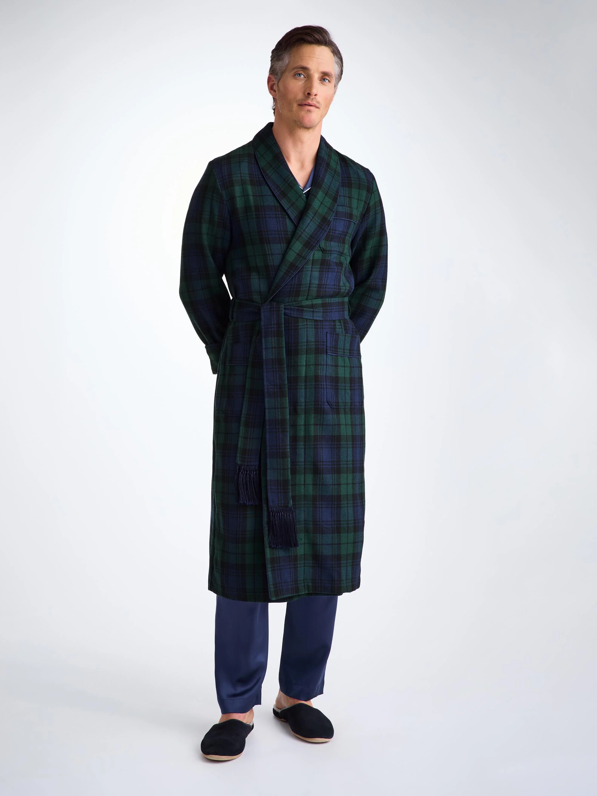Men's Dressing Gown Tartan Black Watch Wool Navy - Image 5