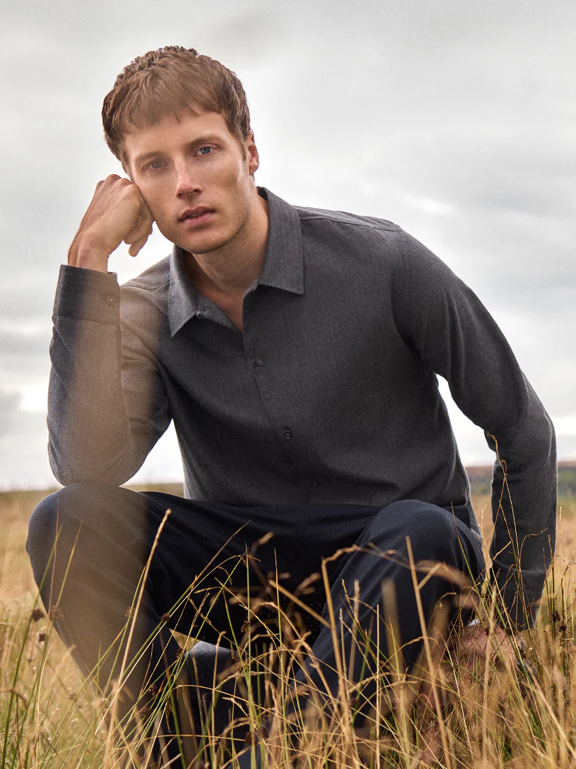 Men's Flannel Overshirt Balmoral Brushed Cotton Charcoal Grey Herringbone - Image 3