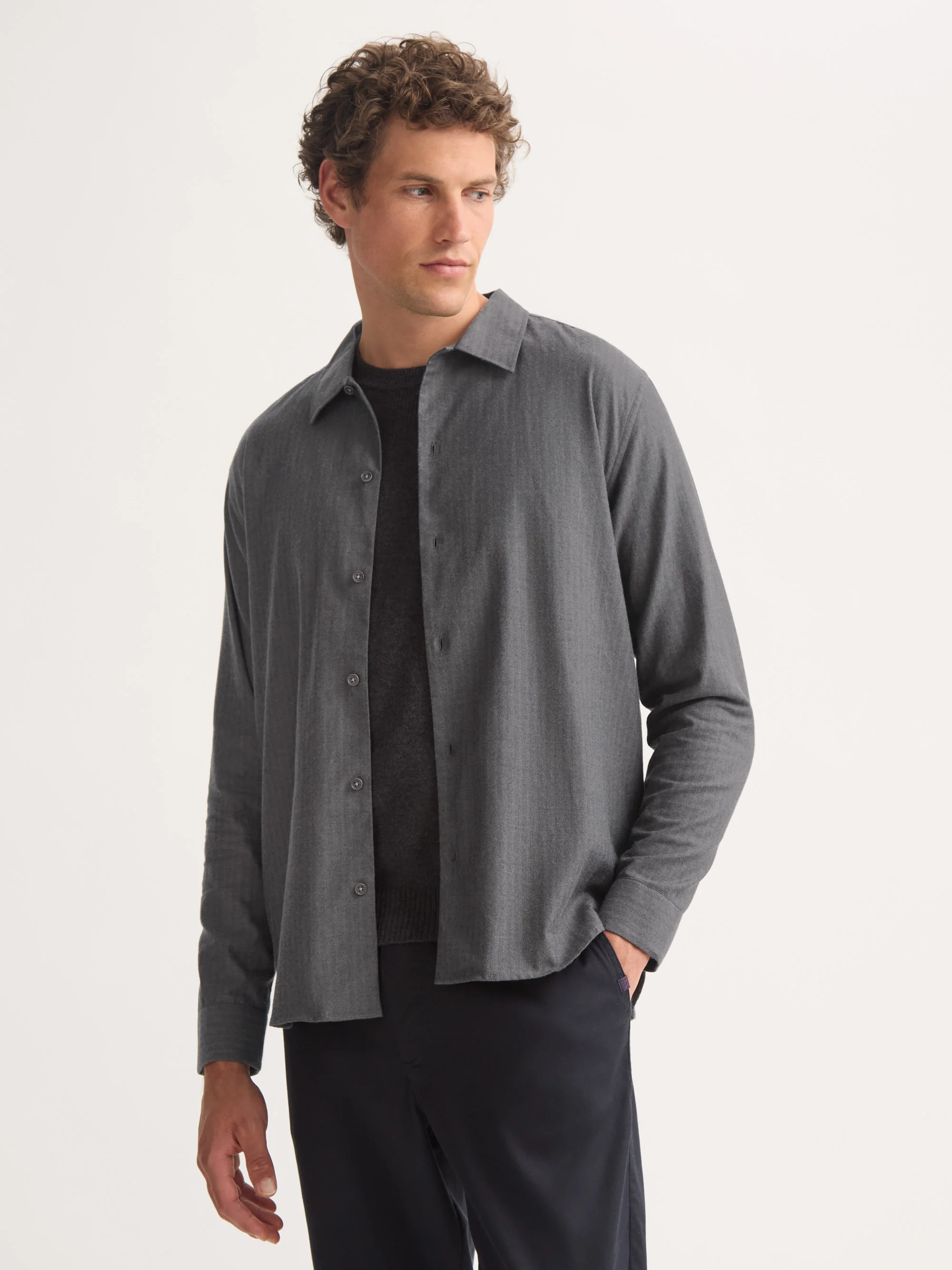 Men's Flannel Overshirt Balmoral Brushed Cotton Charcoal Grey Herringbone - Image 4