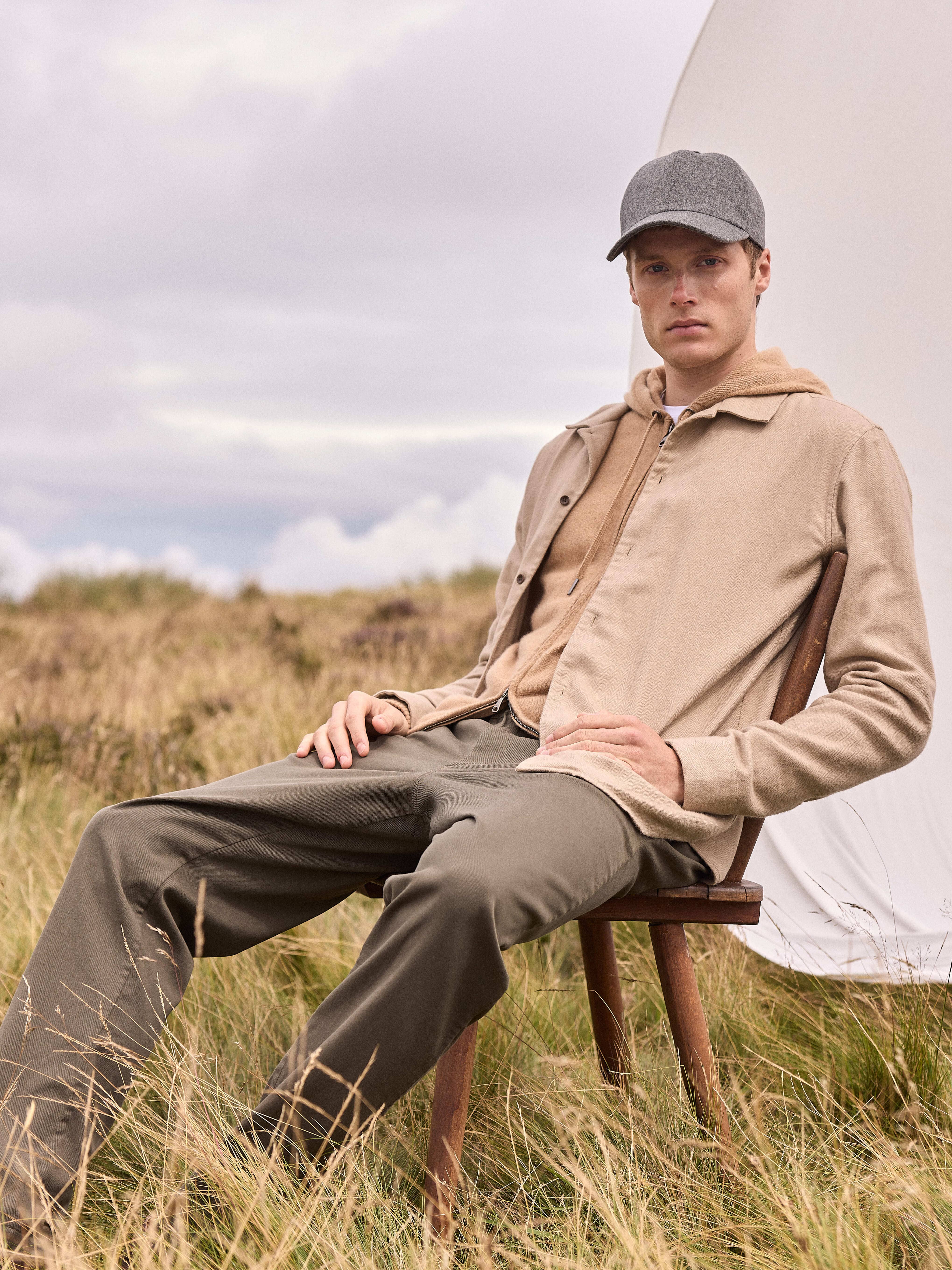 Men's Flannel Overshirt Kelburn Brushed Cotton Light Stone Herringbone - Image 3