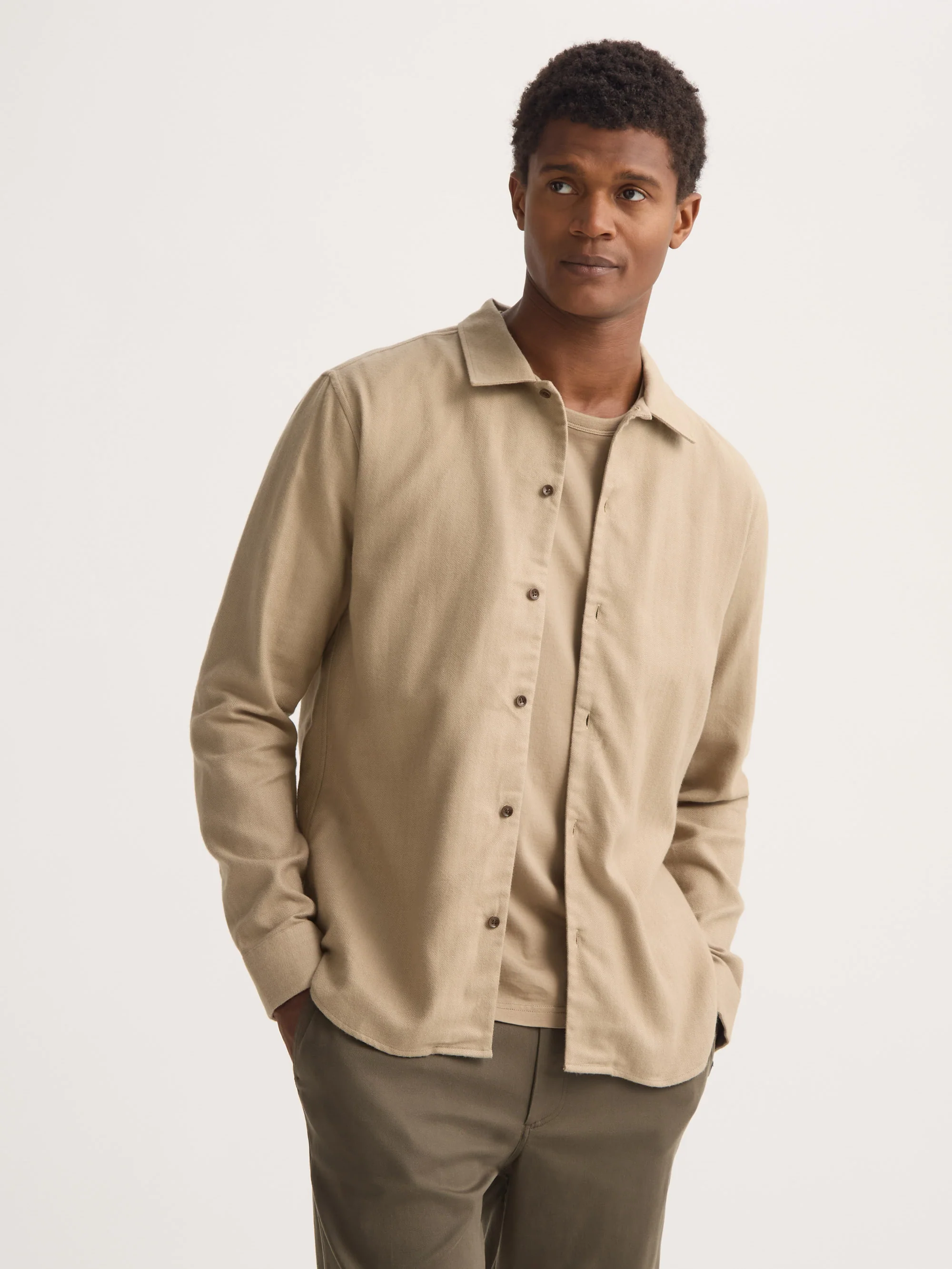 Men's Flannel Overshirt Kelburn Brushed Cotton Light Stone Herringbone - Image 5