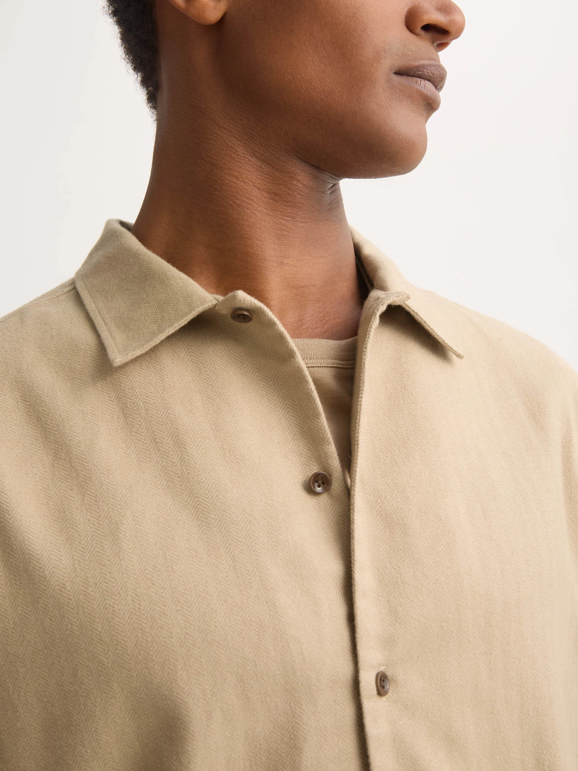 Men's Flannel Overshirt Kelburn Brushed Cotton Light Stone Herringbone - Image 6