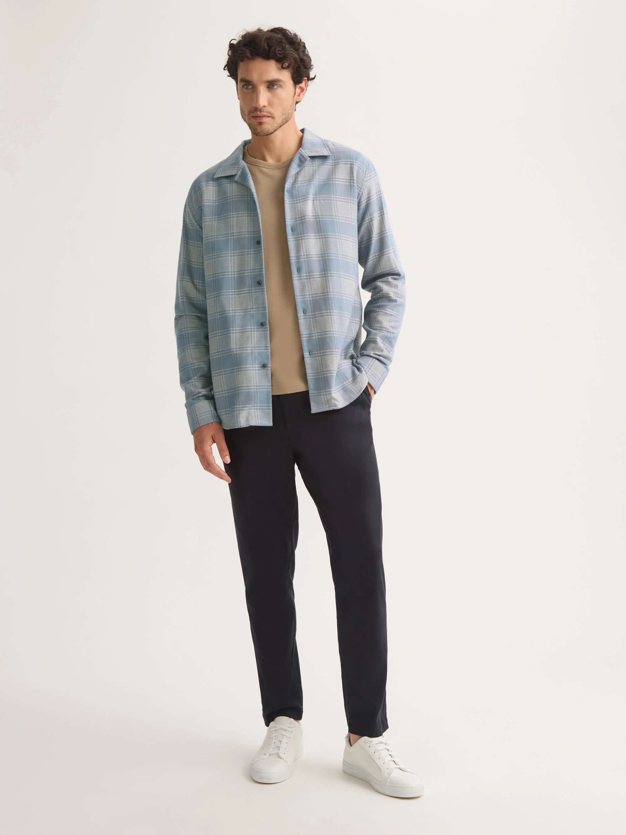 Men's Flannel Overshirt Kelburn Brushed Cotton Storm Blue & Ecru Check - Image 3