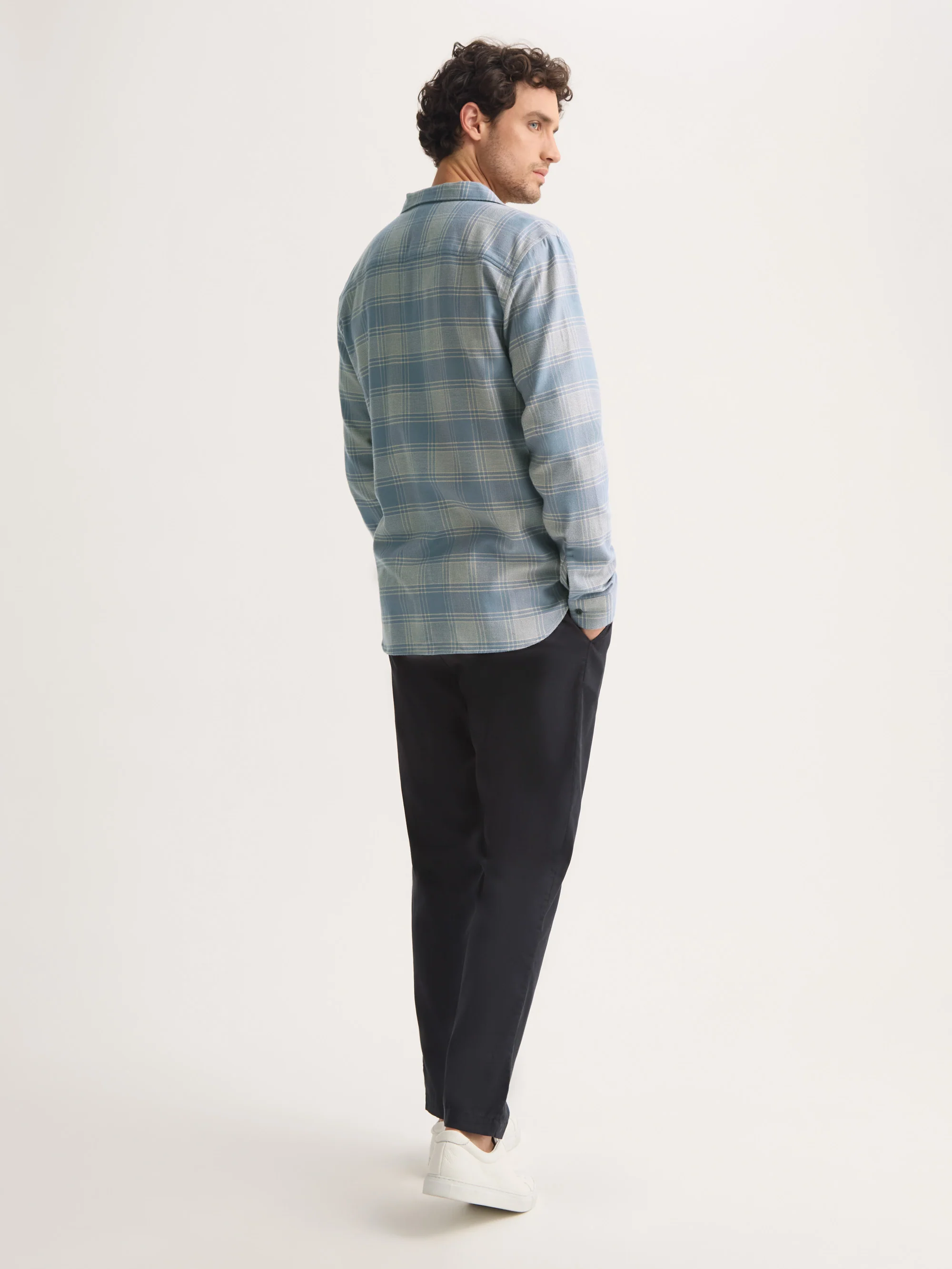 Men's Flannel Overshirt Kelburn Brushed Cotton Storm Blue & Ecru Check - Image 4