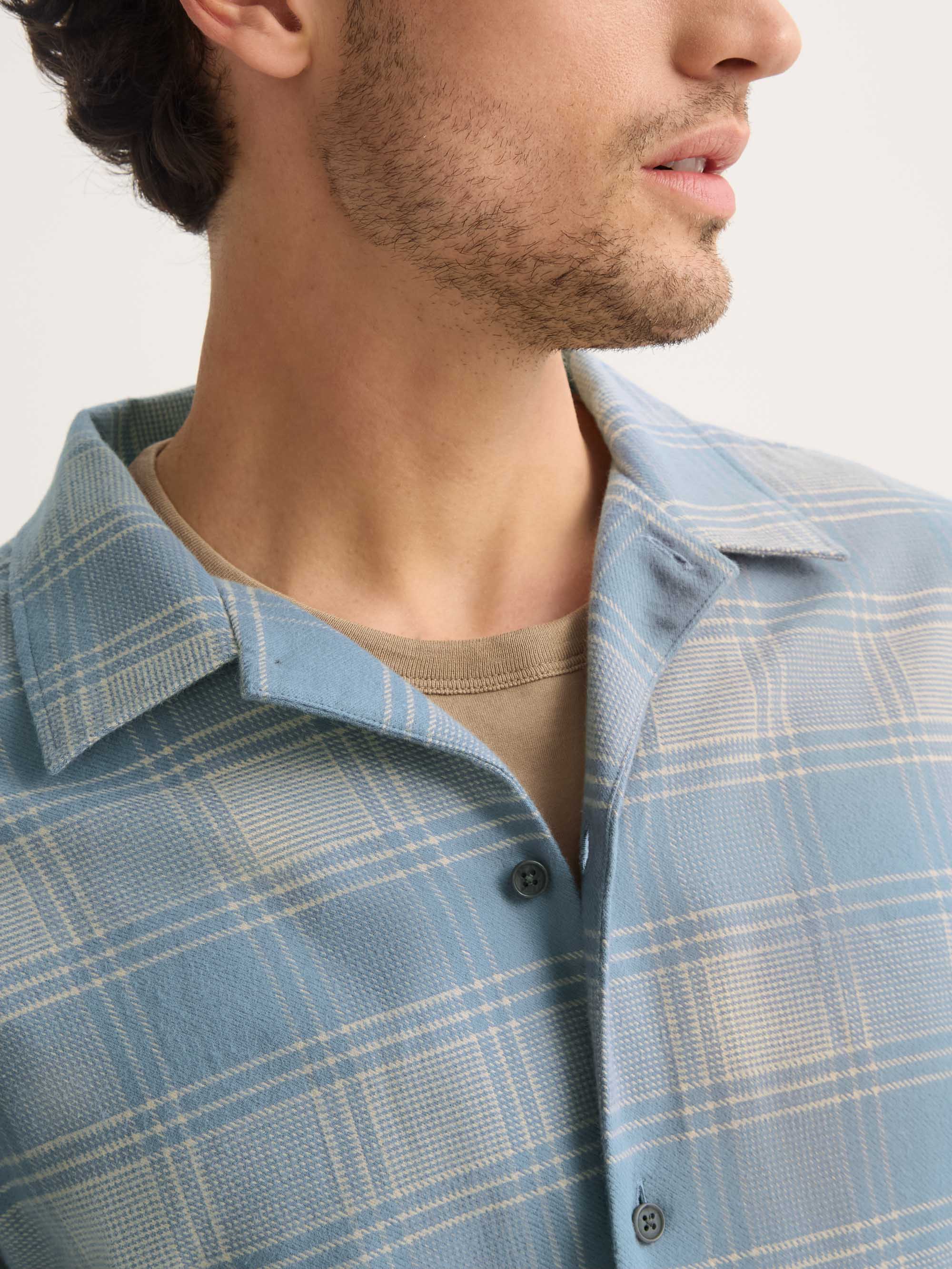 Men's Flannel Overshirt Kelburn Brushed Cotton Storm Blue & Ecru Check - Image 6