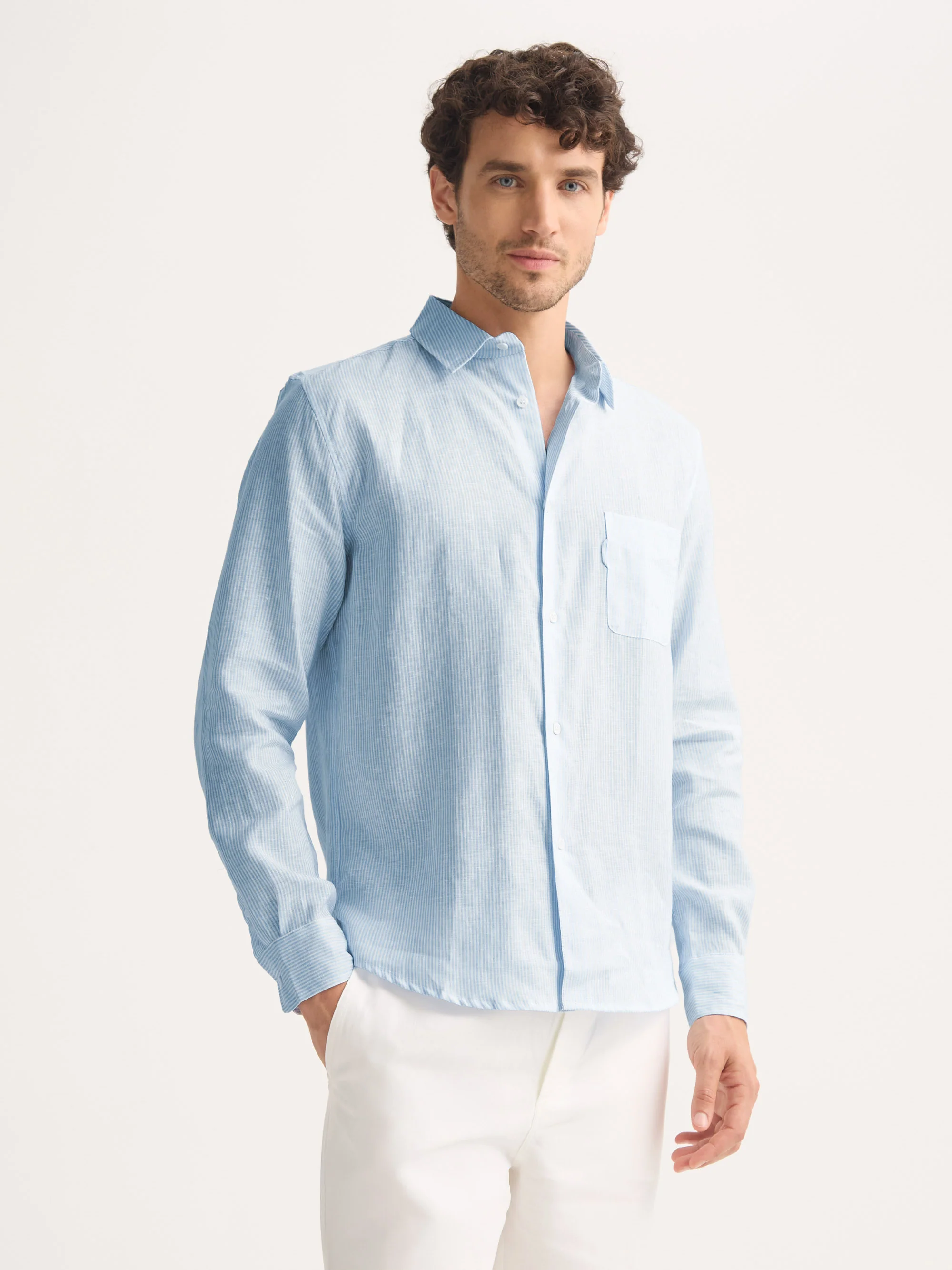 Men's Long Sleeve Shirt Malibu Woven Linen Light Blue and White Stripe - Image 2