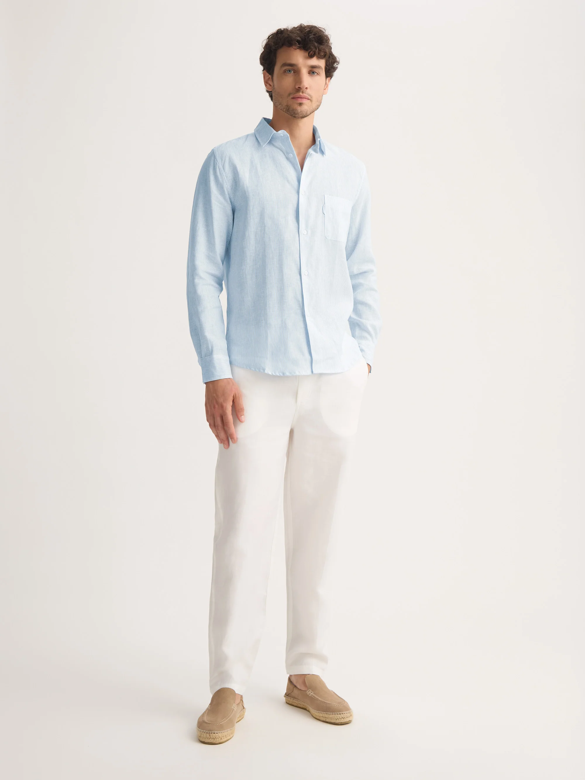 Men's Long Sleeve Shirt Malibu Woven Linen Light Blue and White Stripe - Image 3