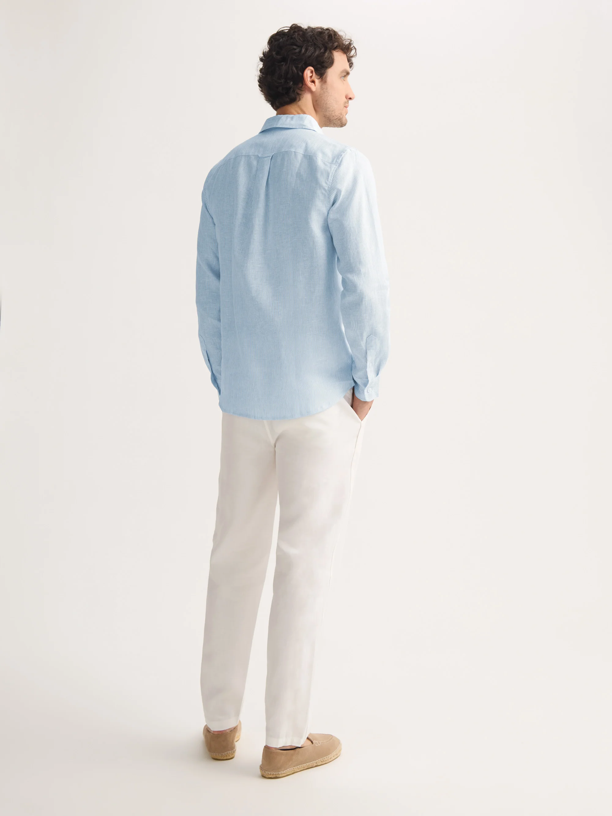 Men's Long Sleeve Shirt Malibu Woven Linen Light Blue and White Stripe - Image 4