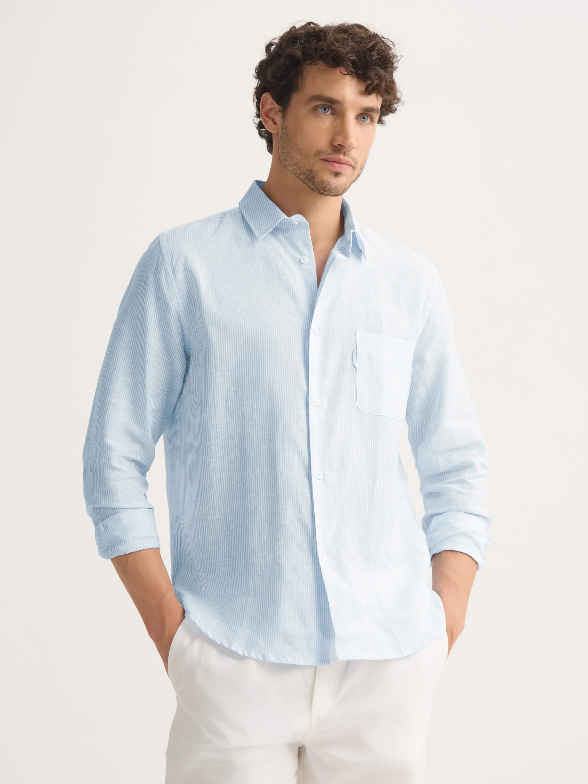 Men's Long Sleeve Shirt Malibu Woven Linen Light Blue and White Stripe - Image 5