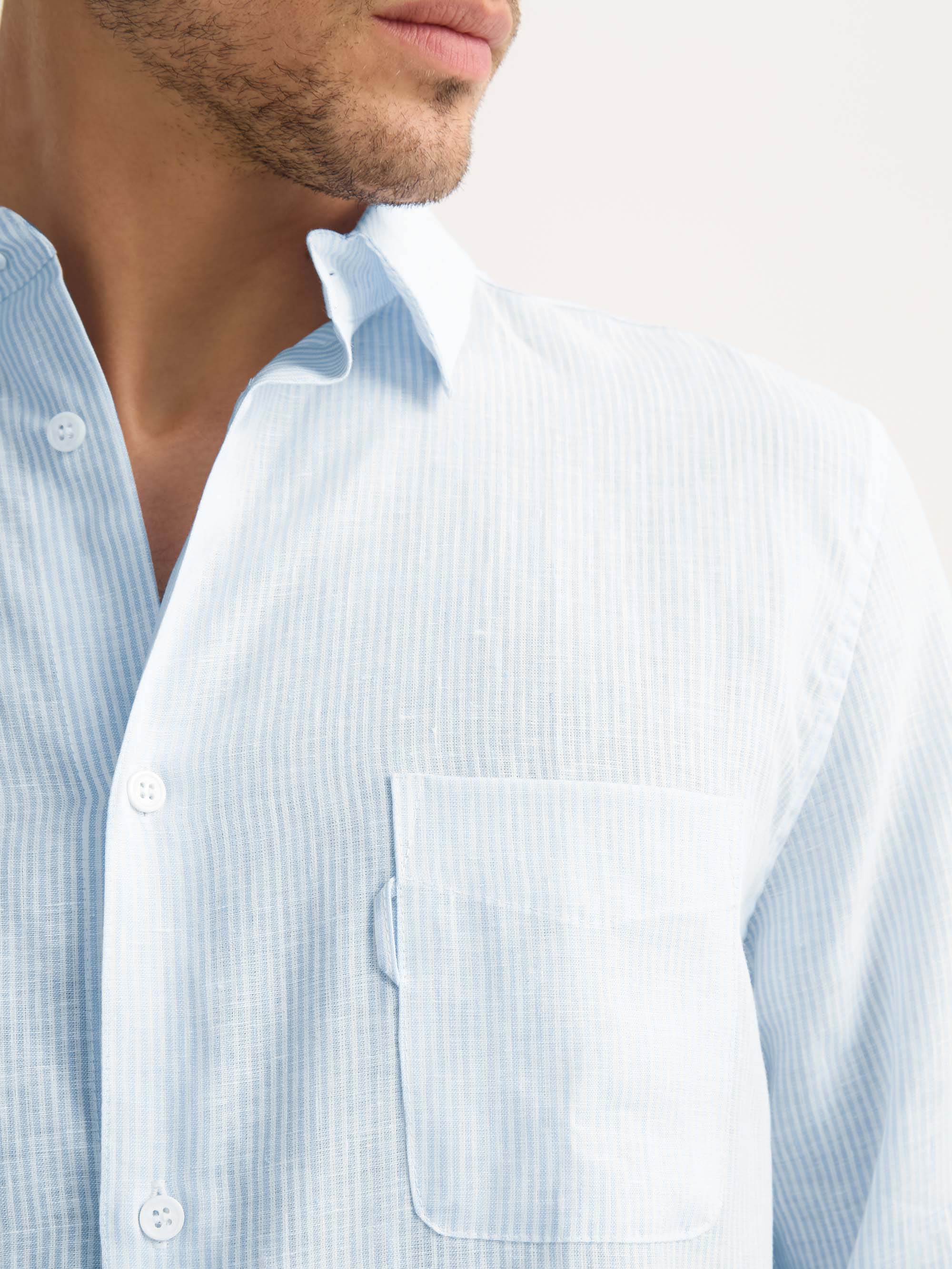 Men's Long Sleeve Shirt Malibu Woven Linen Light Blue and White Stripe - Image 6