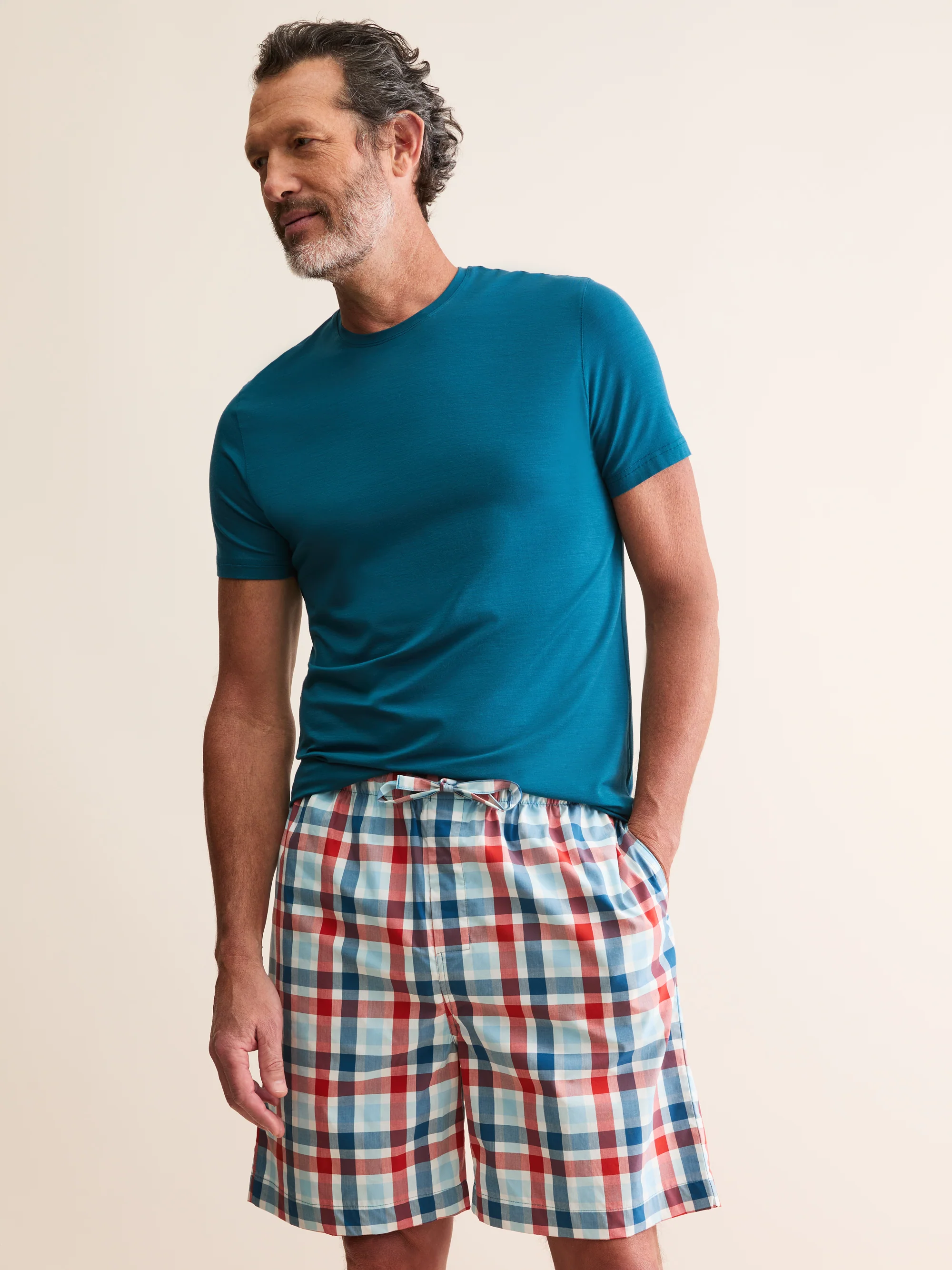 Men's Lounge Shorts Barker Cotton Teal & Red Check - Image 7