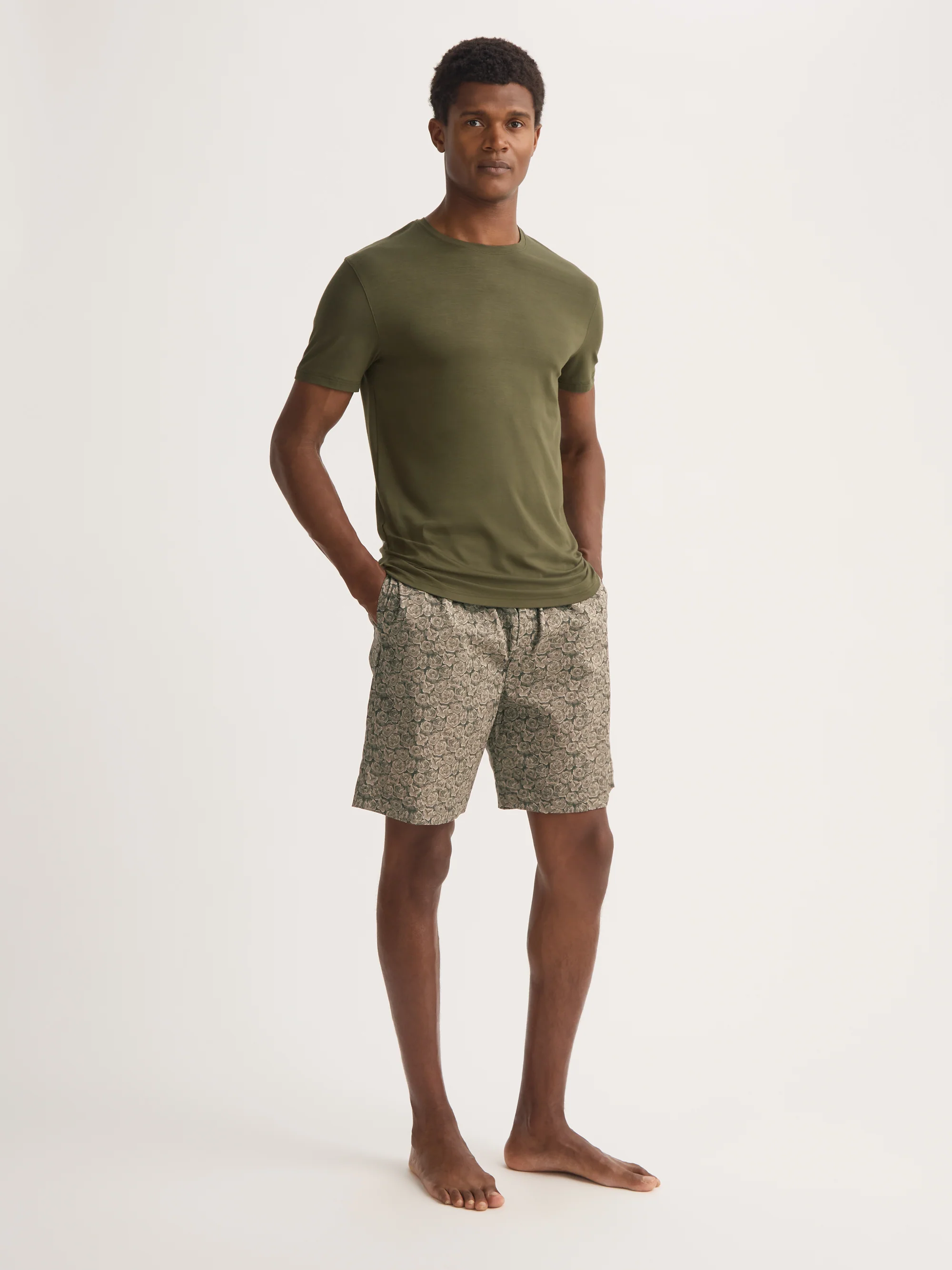 Men's Lounge Shorts Cotton Batiste Camo Green Rose Print - Image 3