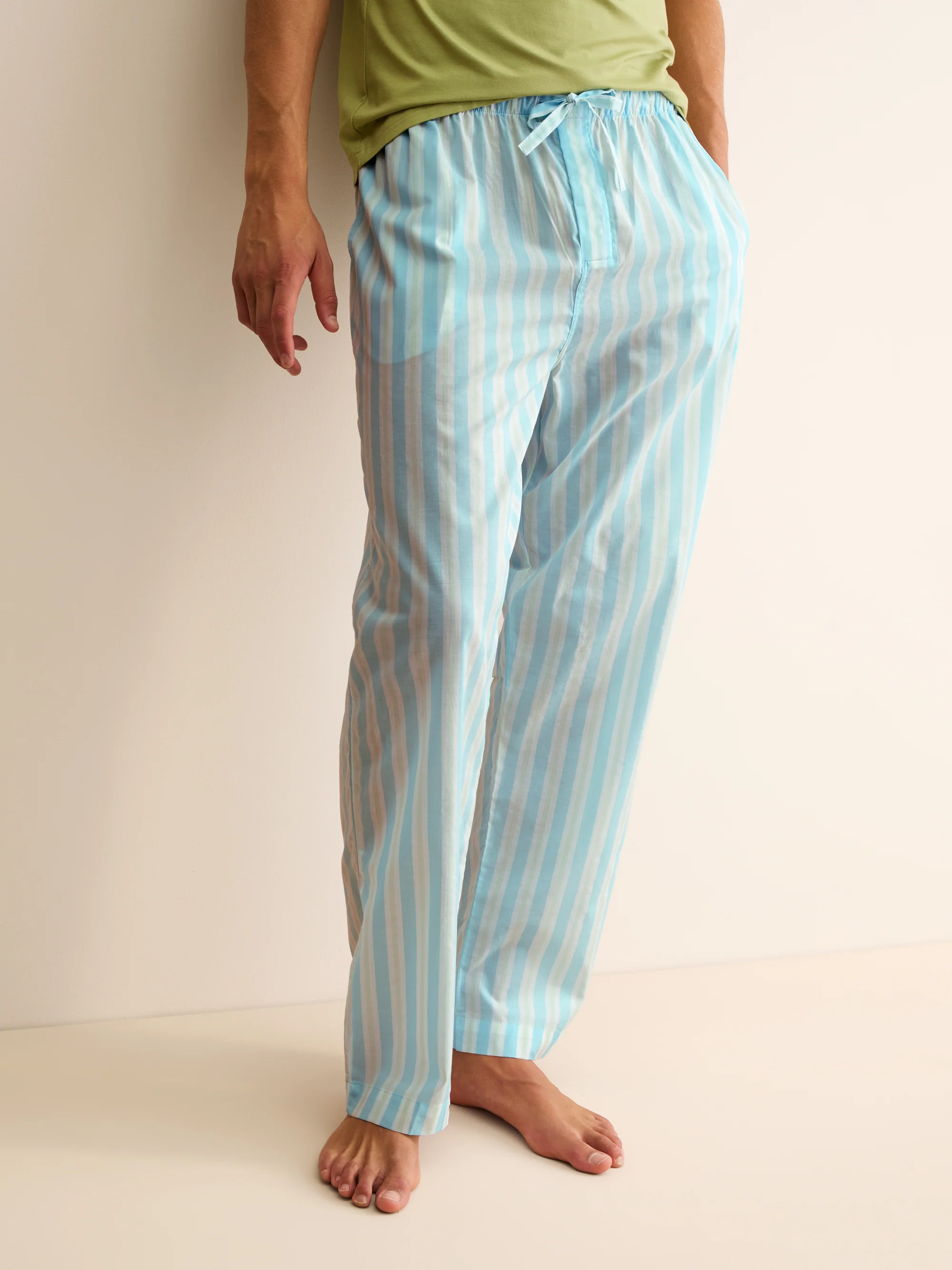 Men's Lounge Trousers Amalfi Cotton Batiste Aqua Blue Stripe - Image 5