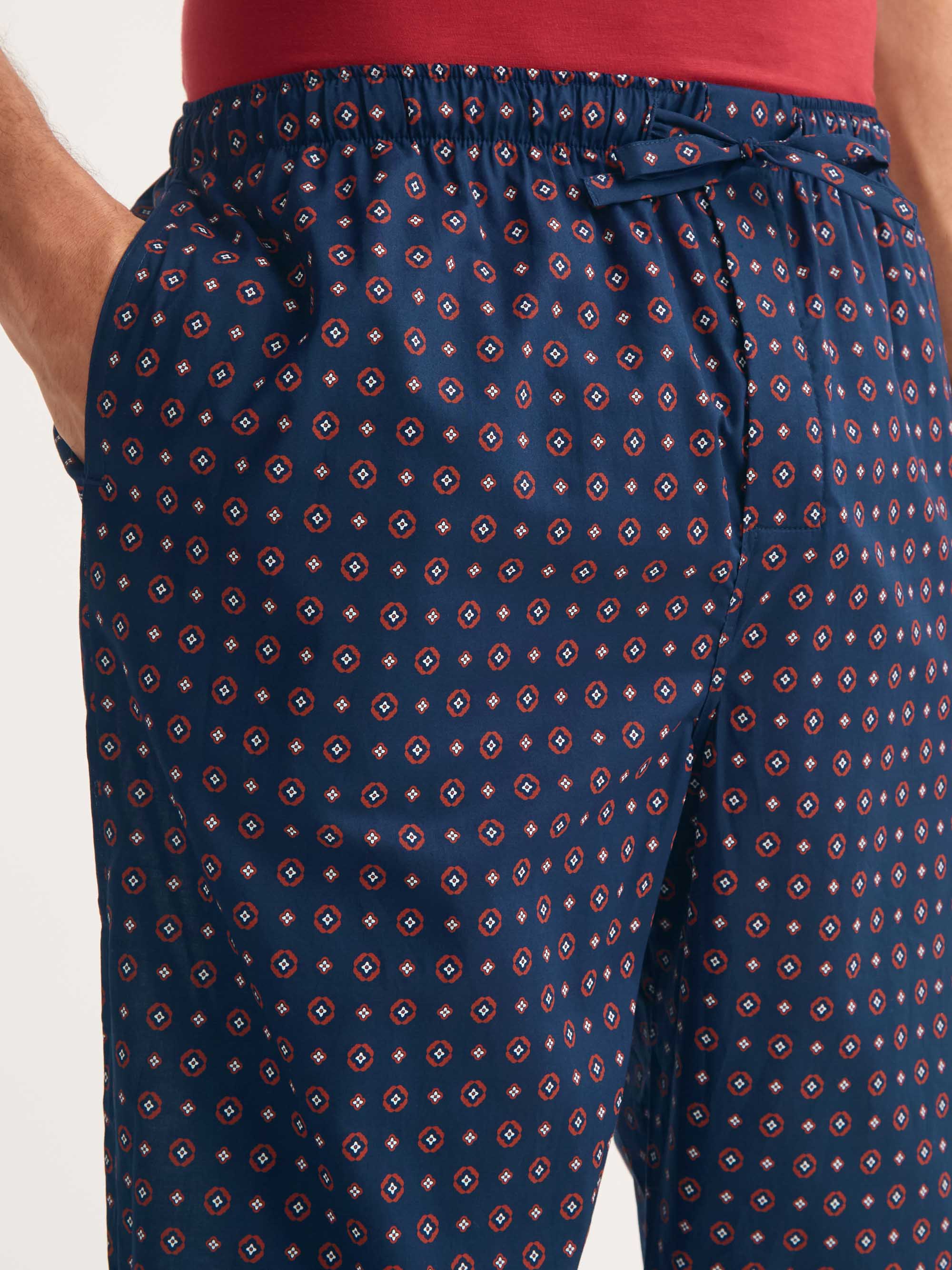 Men's Lounge Trousers Cotton Batiste Navy Blue Rose Motif - Image 5