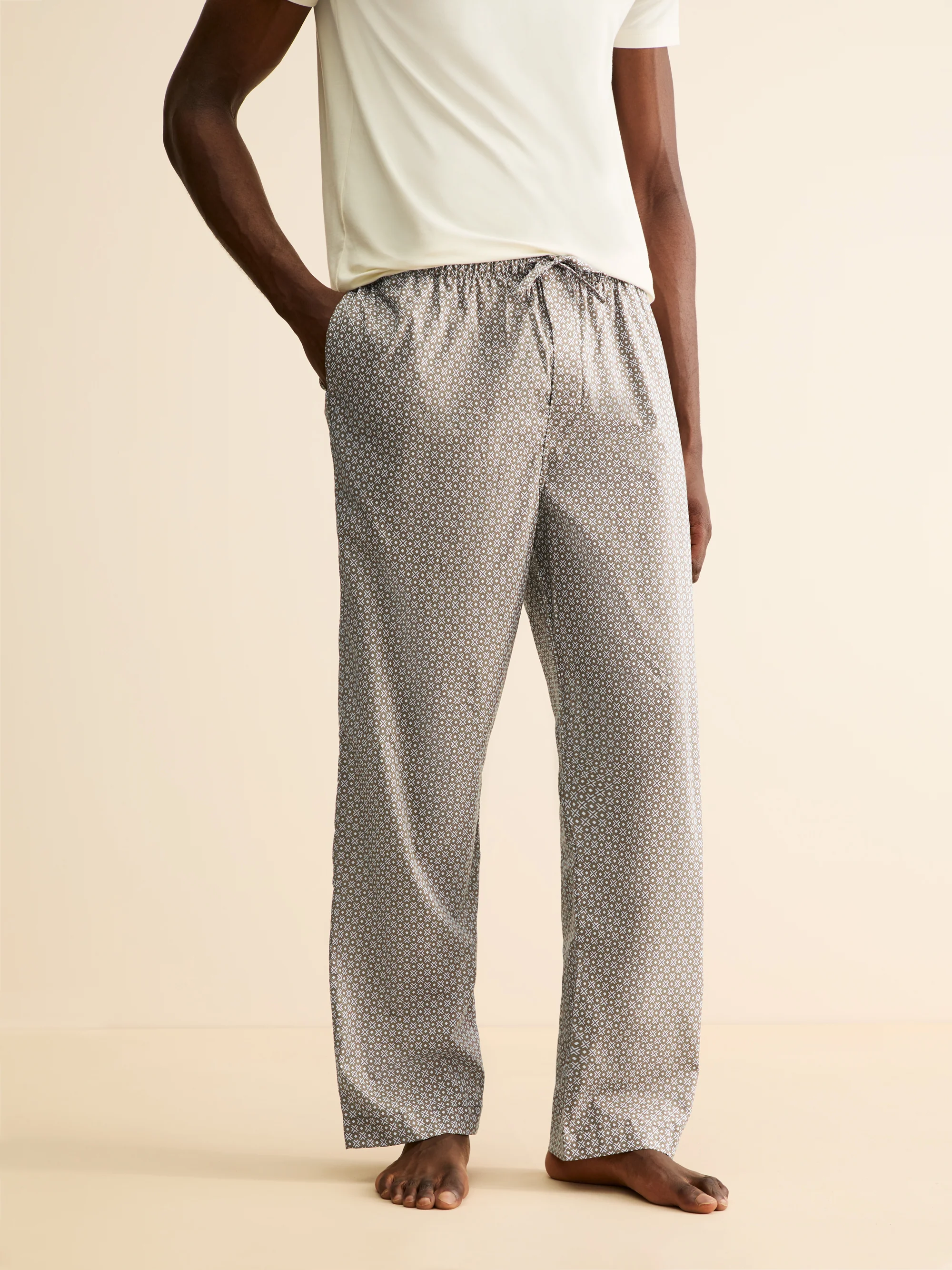 Men's Lounge Trousers London Geo Cross Cotton Batiste Taupe - Image 7