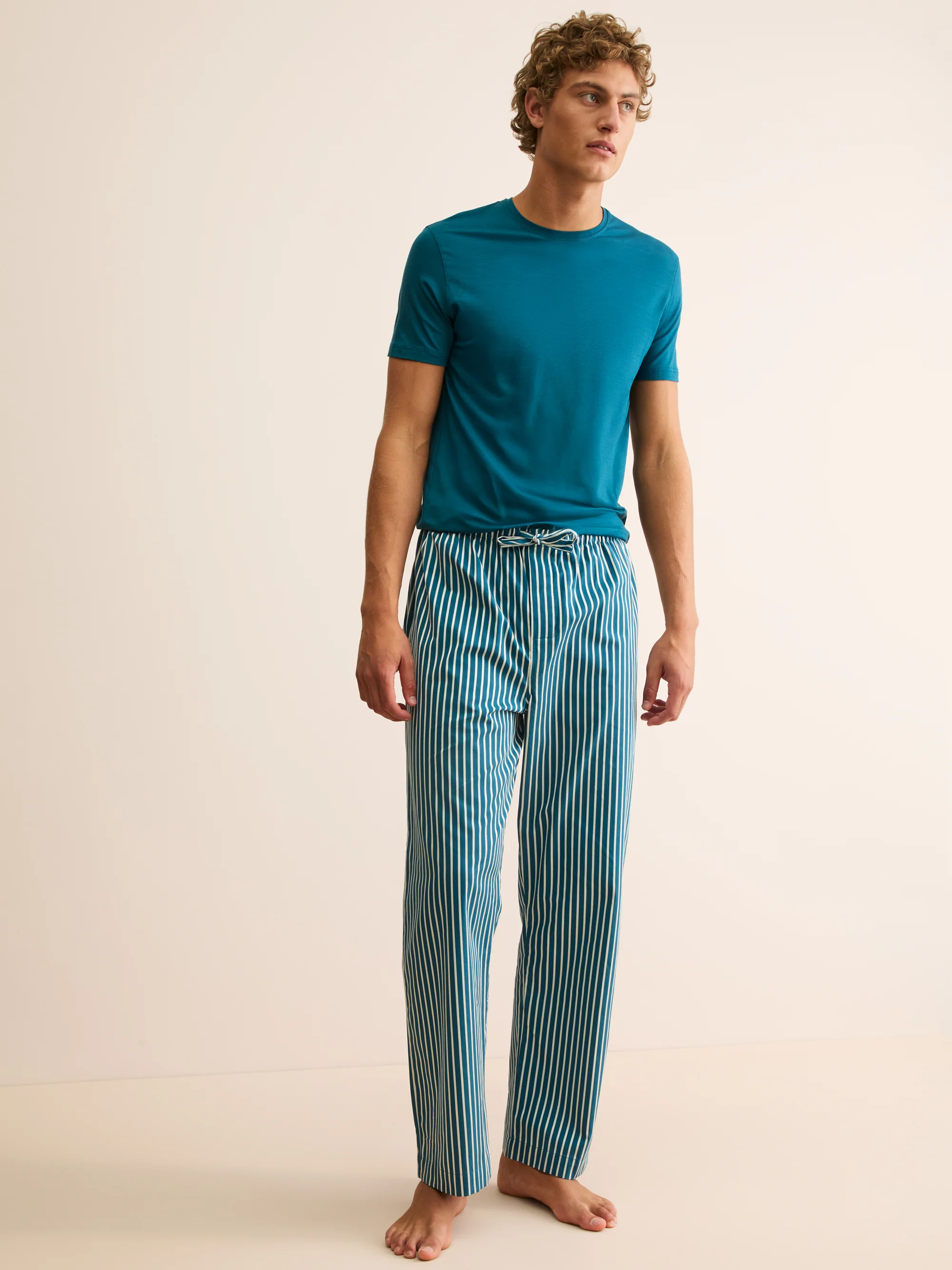 Men's Lounge Trousers Royal Cotton Teal & White Stripe - Image 8