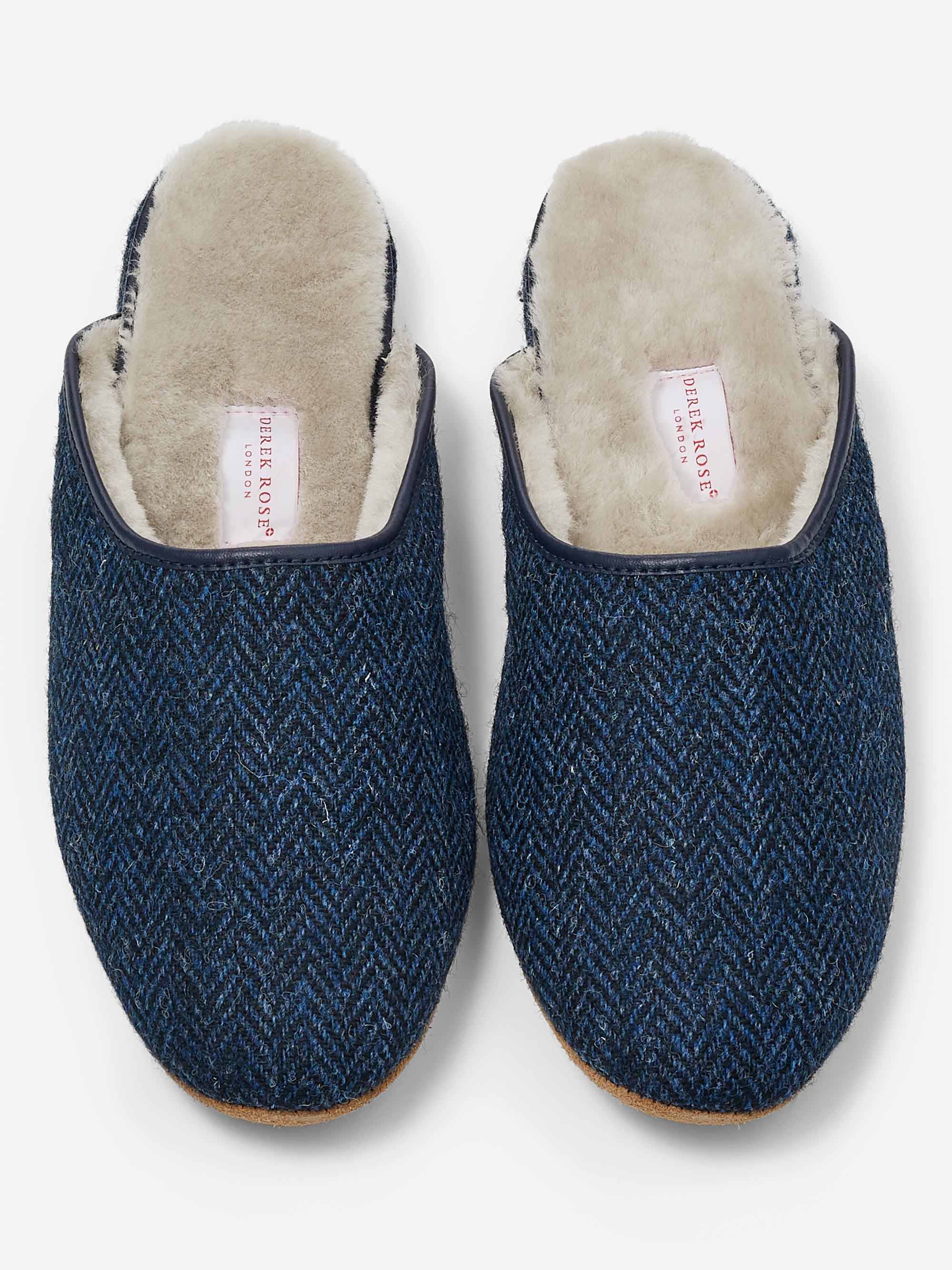Men's Mule Slippers Douglas 2 Harris Tweed Sheepskin Navy - Image 6
