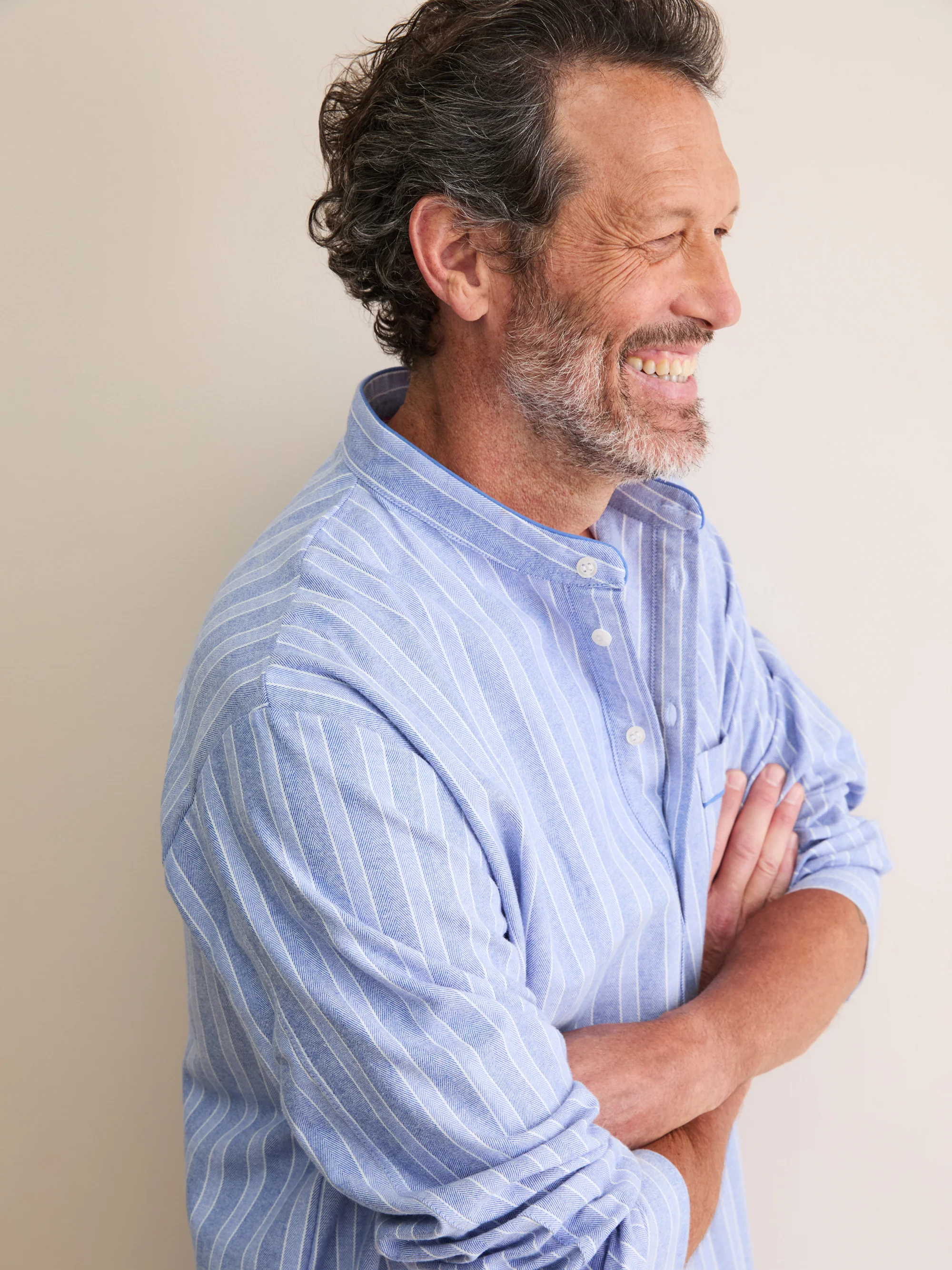 Men's Nightshirt Arran Brushed Cotton Blue Herringbone Stripe - Image 4