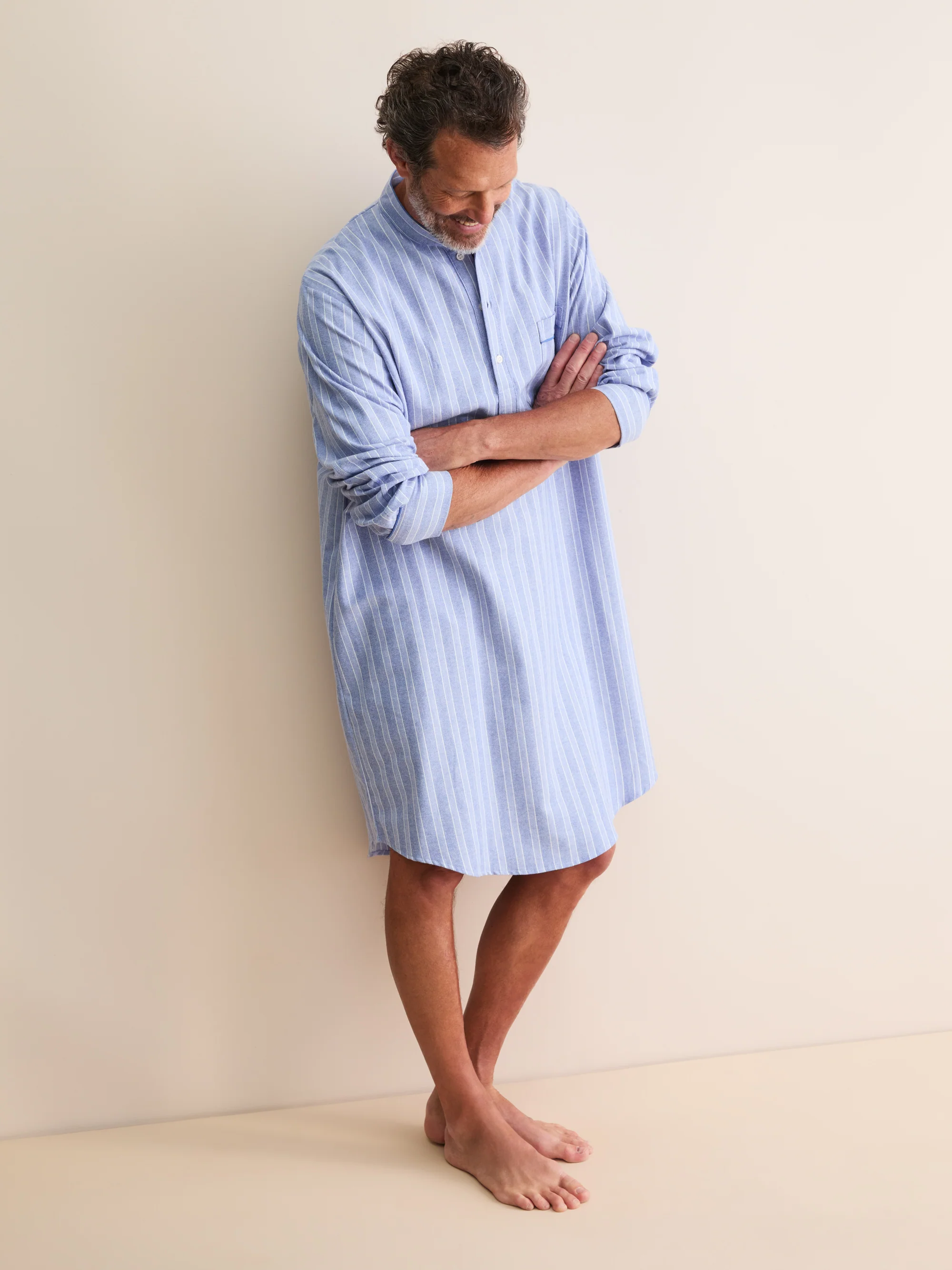 Men's Nightshirt Arran Brushed Cotton Blue Herringbone Stripe - Image 5