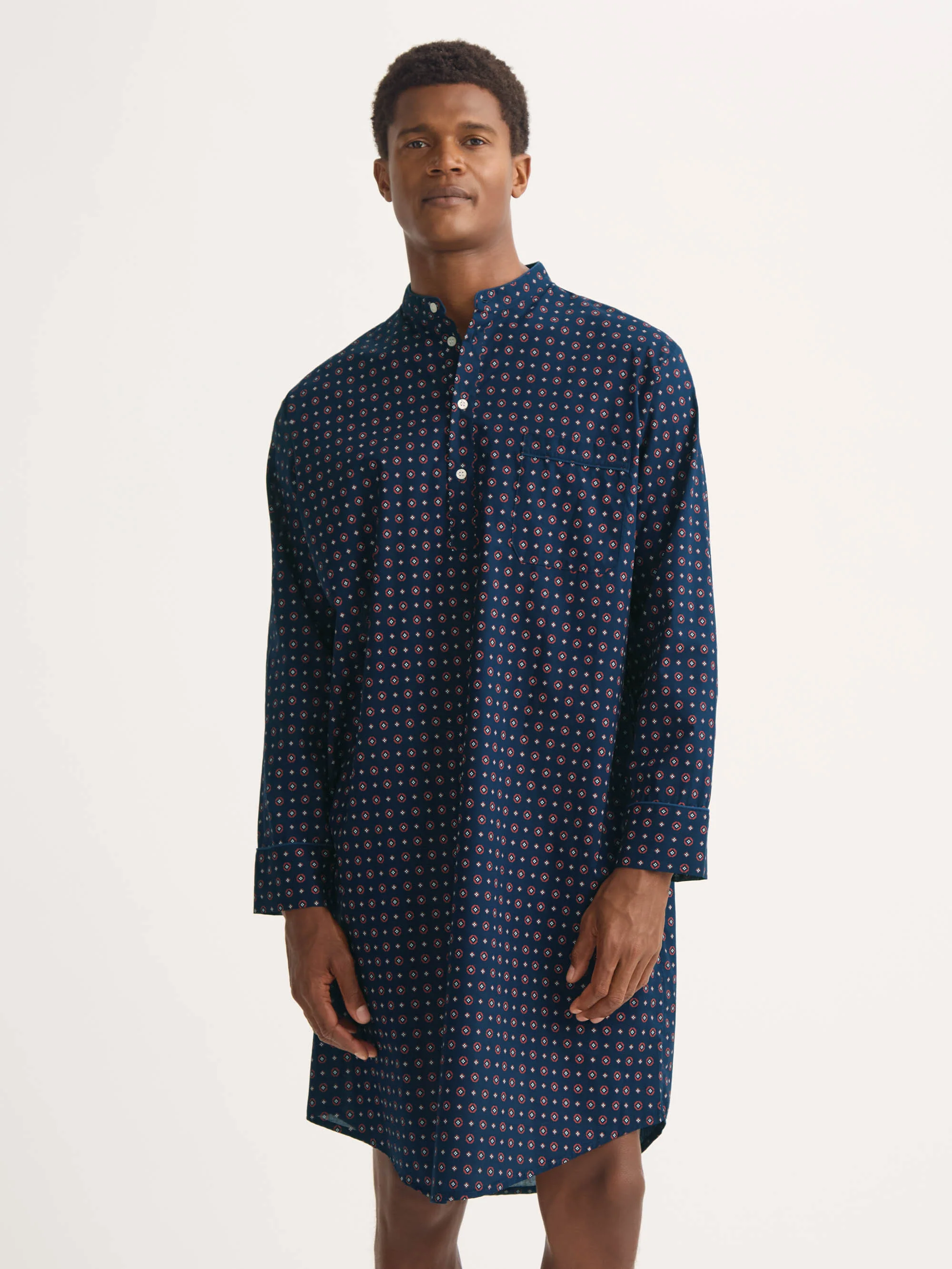 Men's Nightshirt Cotton Batiste Navy Blue Rose Motif - Image 4