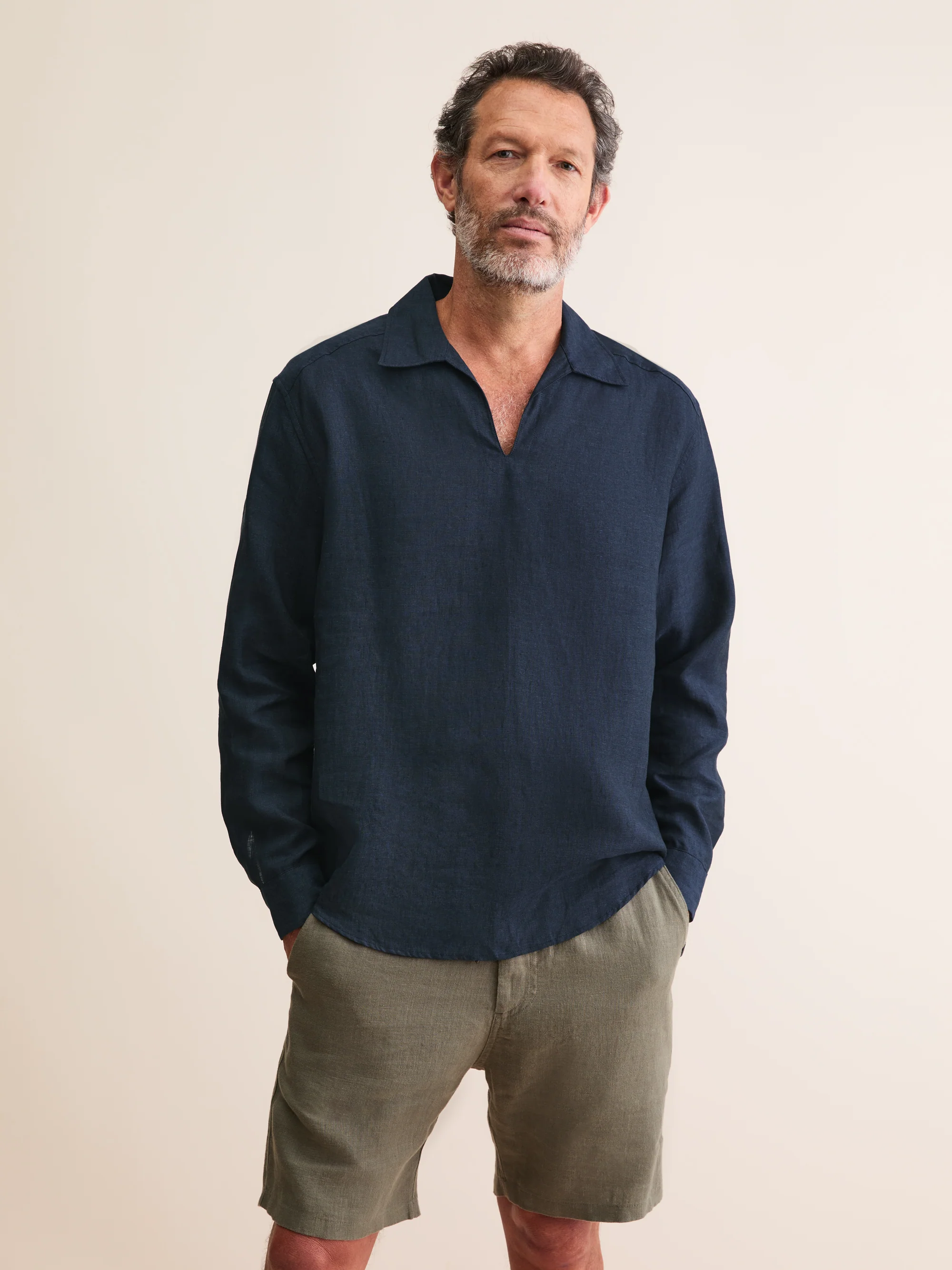 Men's Pullover Shirt Monaco Linen Navy Blue - Image 4