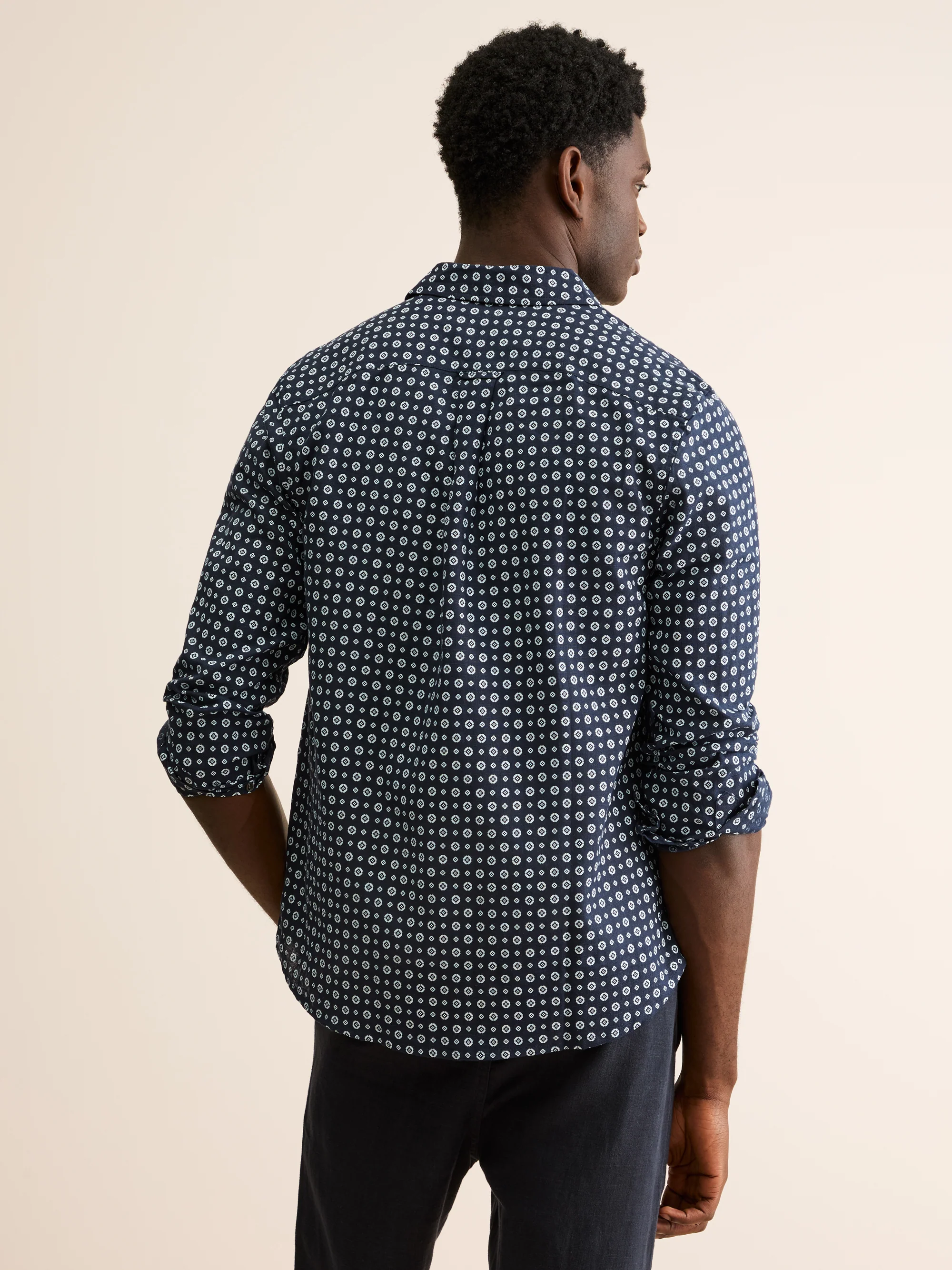 Men's Shirt Milan Linen Navy Blue & White Rose Motif - Image 3