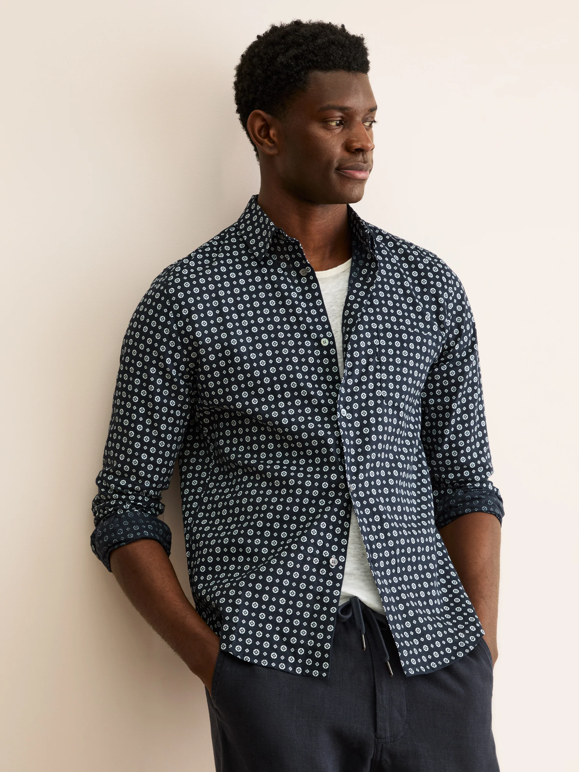 Men's Shirt Milan Linen Navy Blue & White Rose Motif - Image 4